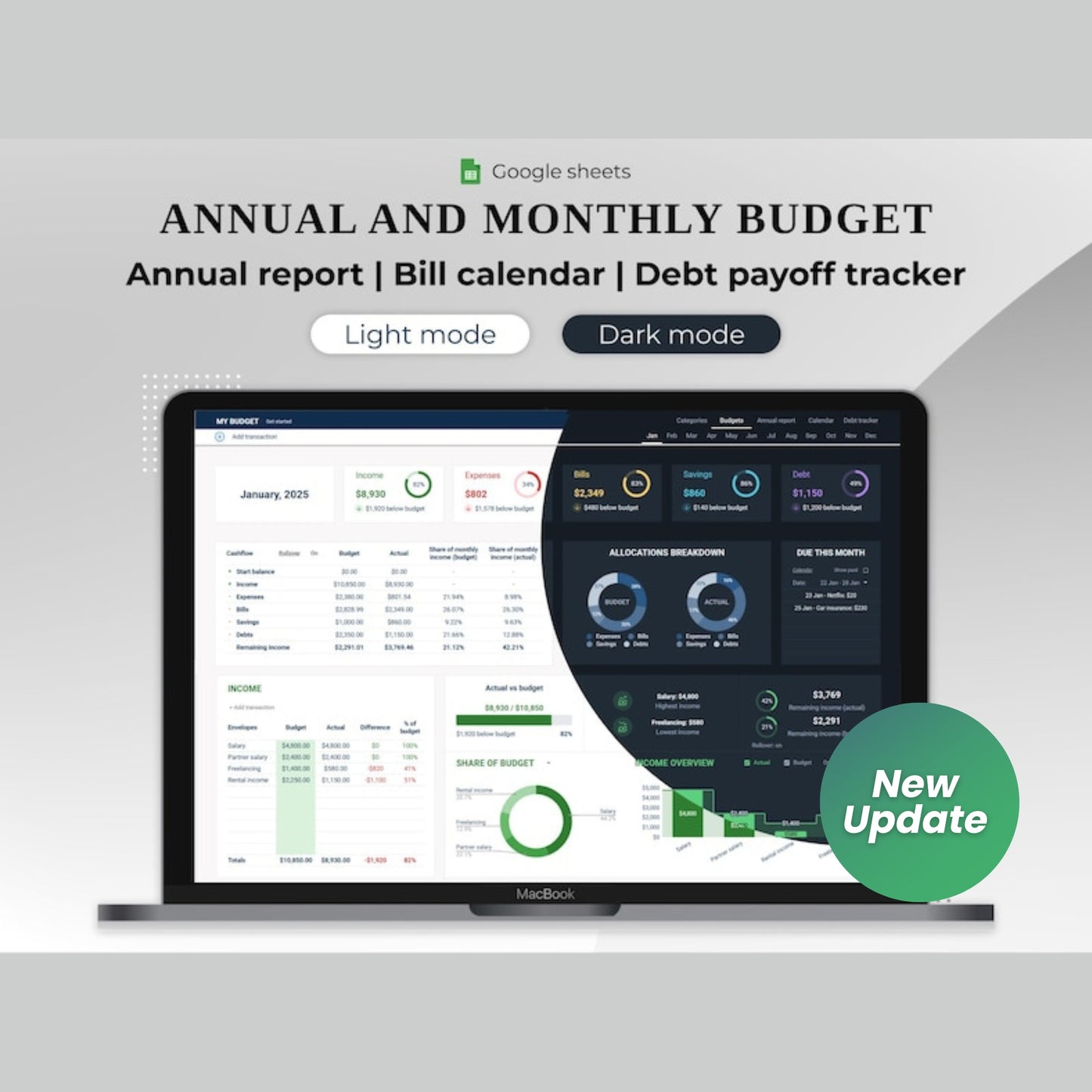 Annual & Monthly Budget Planner | Google Sheets Spreadsheet | Personal Finance Tracker | Income, Expenses, Bills, Savings, Debt Payoff | Digital Download