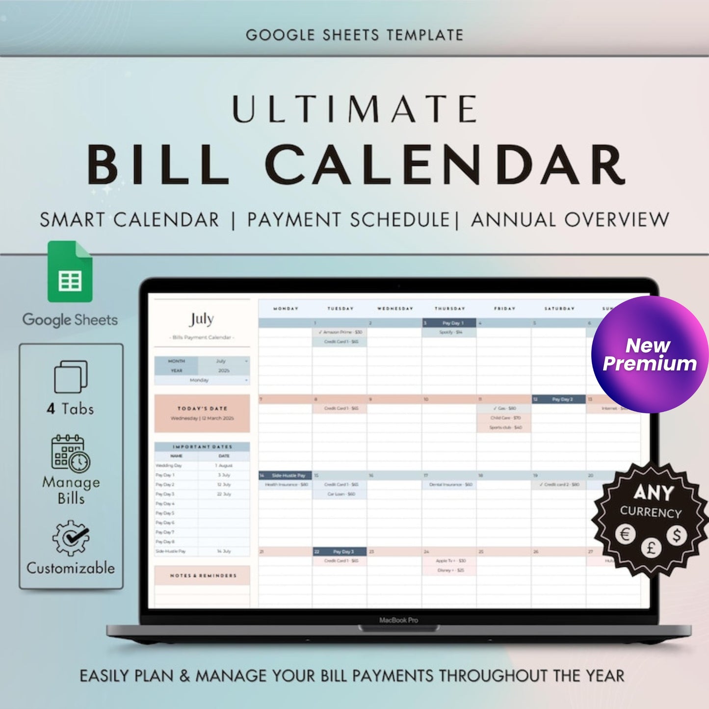 Bill Tracker Spreadsheet | Google Sheets Bill Calendar | Smart Monthly Bill Payment Planner | Digital Financial Organizer