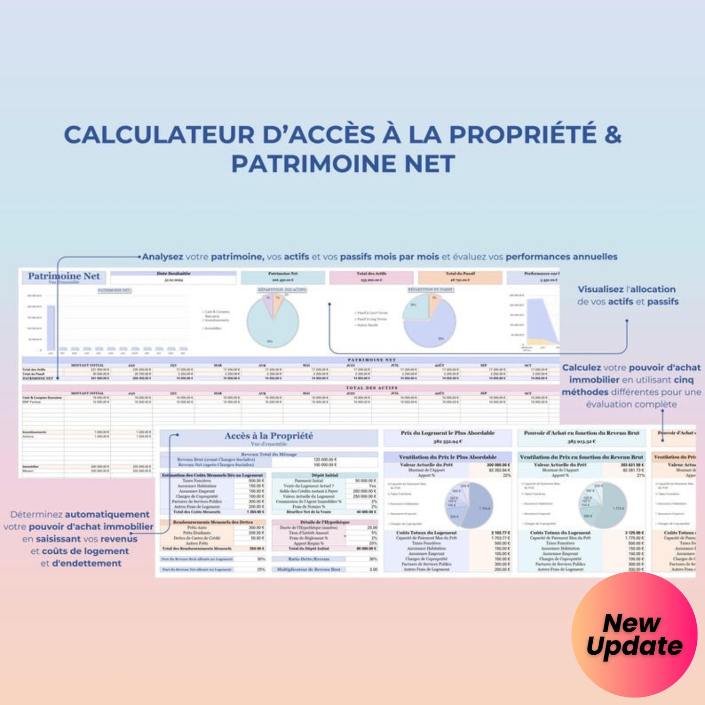 Annual Budget Spreadsheet in French – Google Sheets & Excel | Monthly, Biweekly, Debt, Bills, Investment, Net Worth Tracker | 50/30/20 Budget Planner