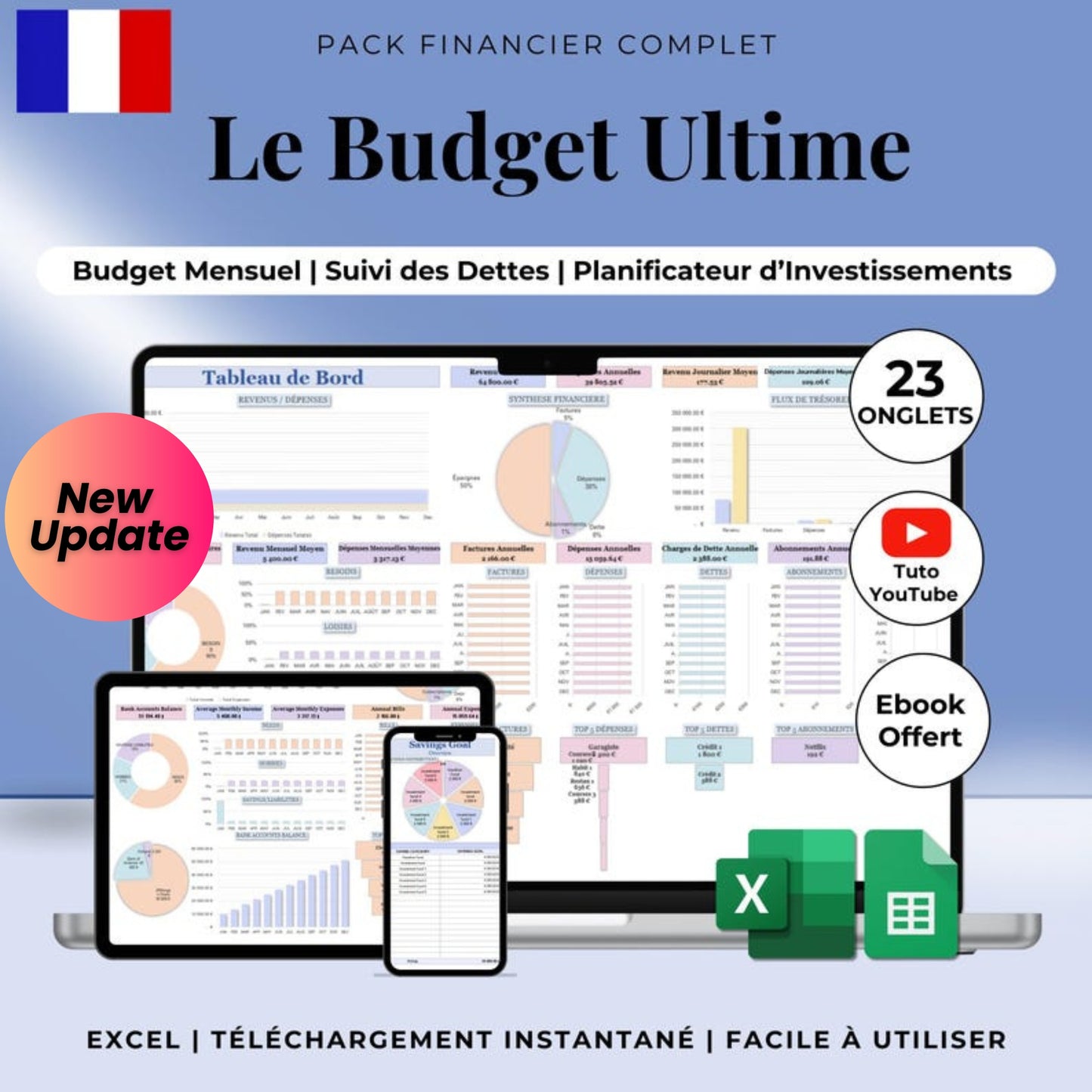Annual Budget Spreadsheet in French – Google Sheets & Excel | Monthly, Biweekly, Debt, Bills, Investment, Net Worth Tracker | 50/30/20 Budget Planner