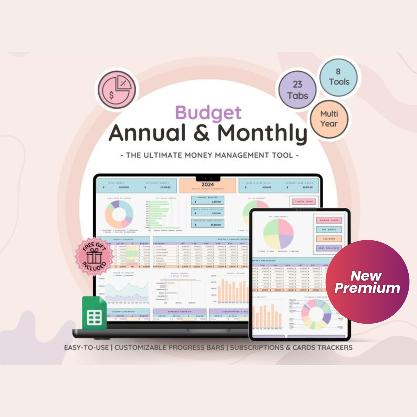 Annual Budget & Monthly Budget Spreadsheet | Google Sheets | Debt Snowball, Credit Tracker, Net Worth Dashboard