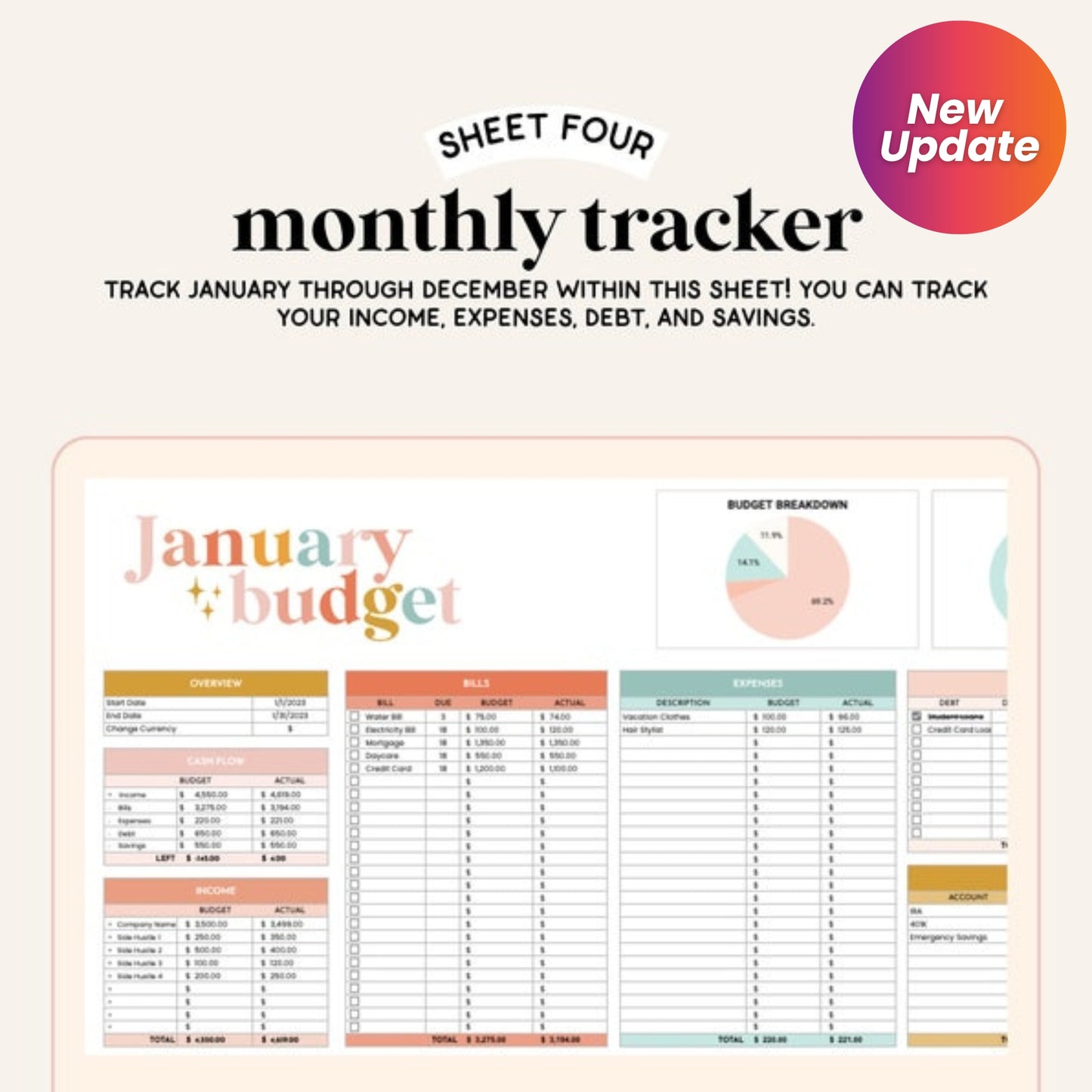All-in-One Finance Spreadsheet | Budget, Savings, Debt, Paycheck Tracker | Monthly Planner | Google Sheets