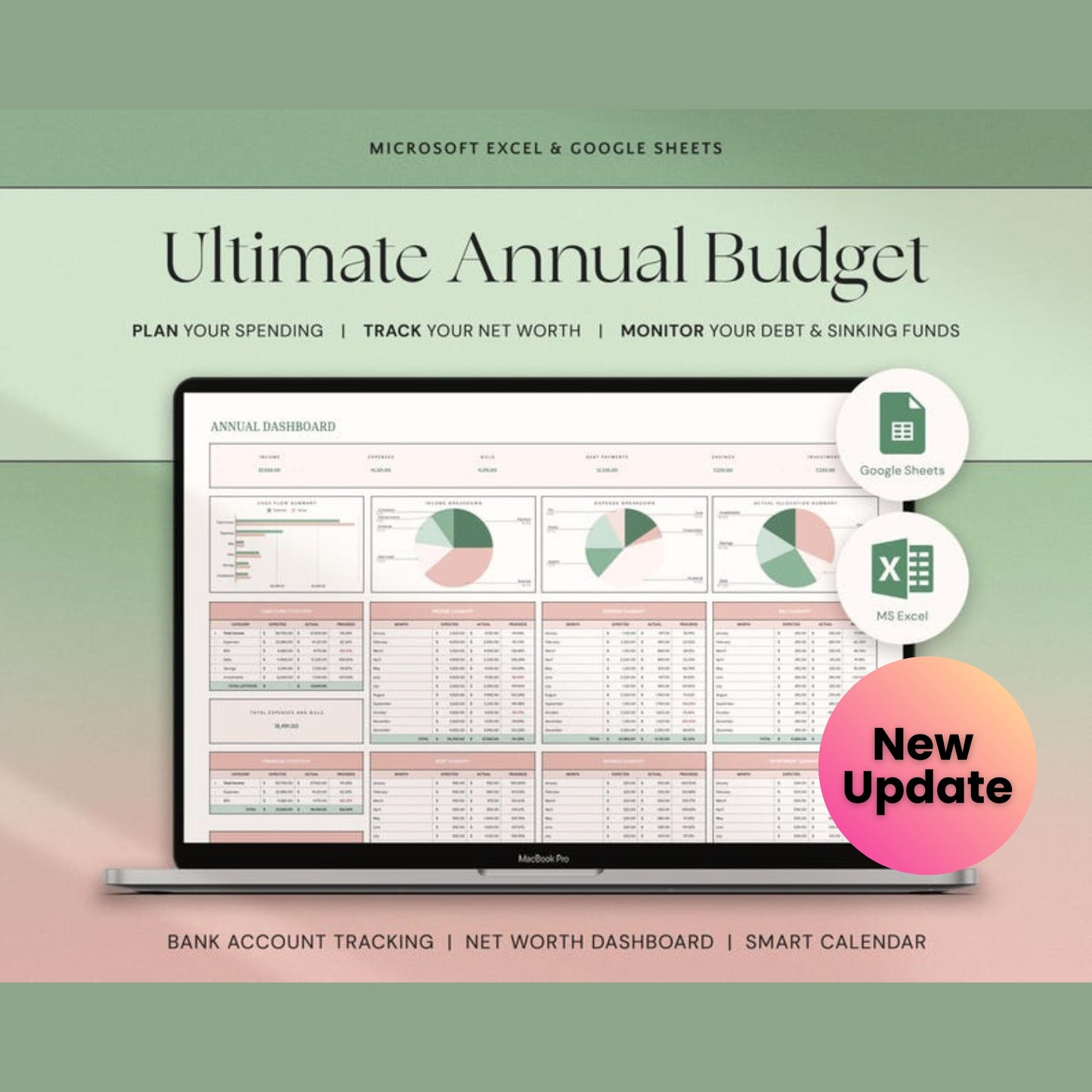 Annual Budget Spreadsheet | Excel & Google Sheets Monthly + Yearly Budget Planner | Personal Finance Tracker Template