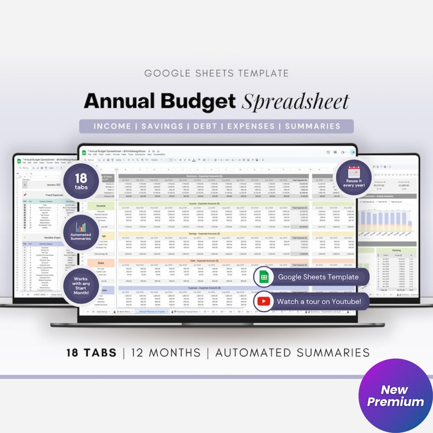 Annual Budget Spreadsheet | Google Sheets Budget Planner Template | Track Income, Savings, Debt & Monthly Expenses | Digital Financial Planner