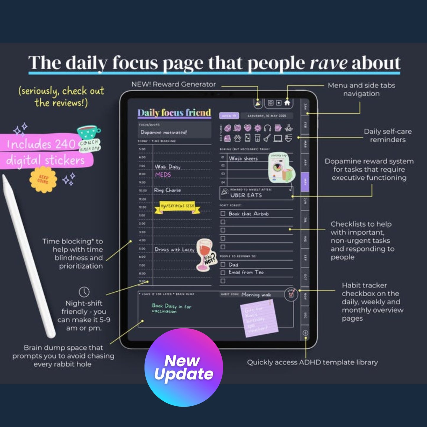ADHD Digital Planner 2025 for iPad, Android & Goodnotes – Dark Rainbow Theme | Daily Planner, Habit Tracker & Self-Care Tools
