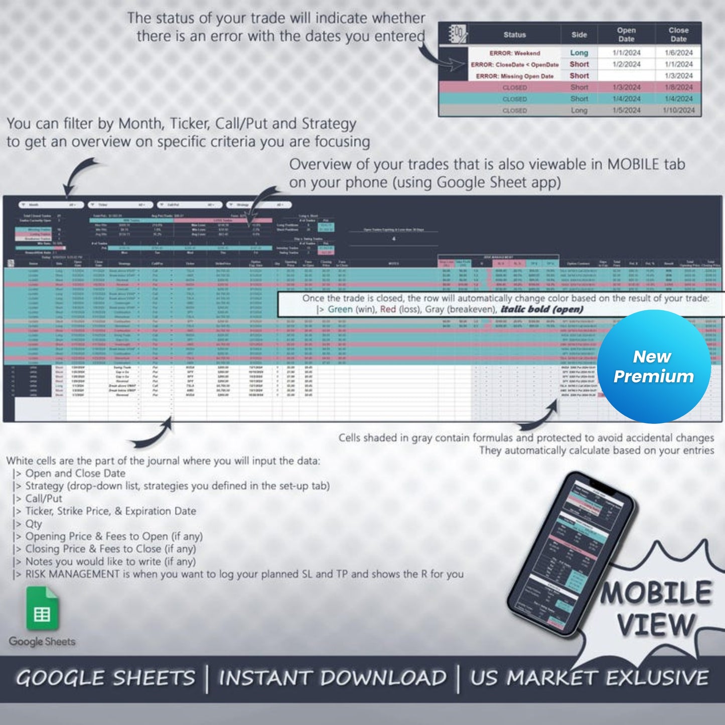 Option Trading Journal Spreadsheet | Google Sheets | Long Call/Put Trades Tracker | Performance & PnL Calendar | Risk Management