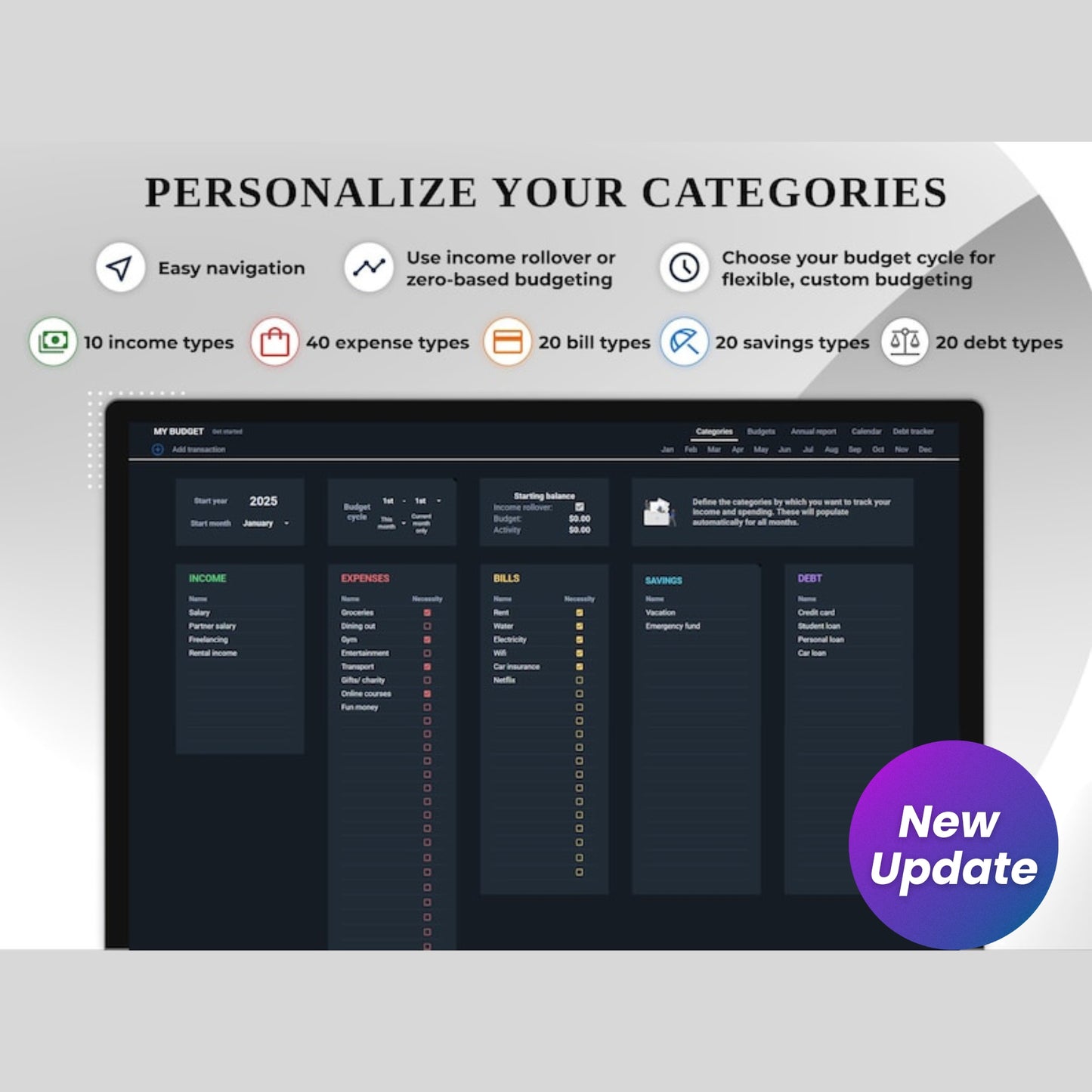 Annual & Monthly Budget Planner | Google Sheets Spreadsheet | Personal Finance Tracker | Bills, Savings & Debt Payoff Tool | Digital Template (Dark Mode)