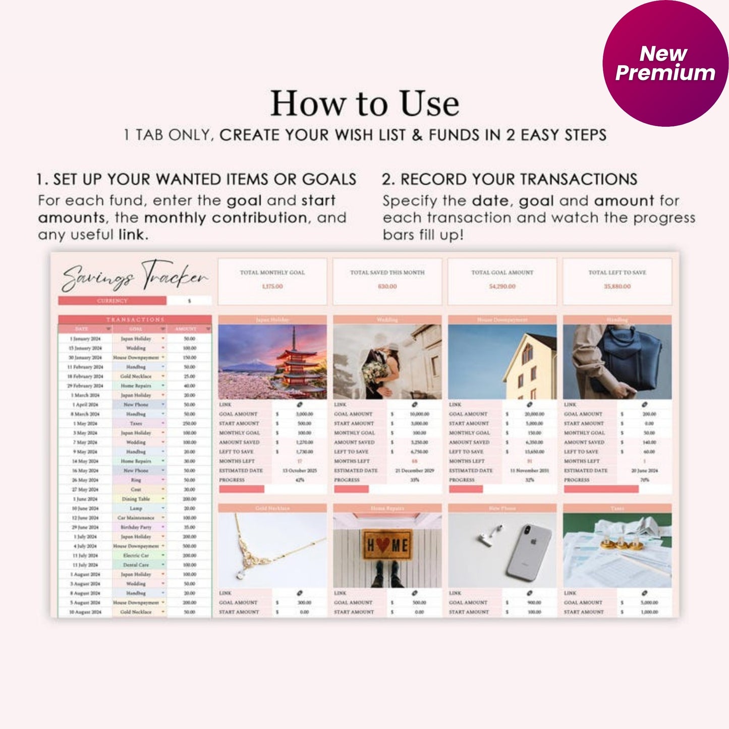 Wishlist & Sinking Funds Tracker Google Sheets Template | Aesthetic Digital Savings Planner | Vision Board Wish List for Online Shopping & Goals