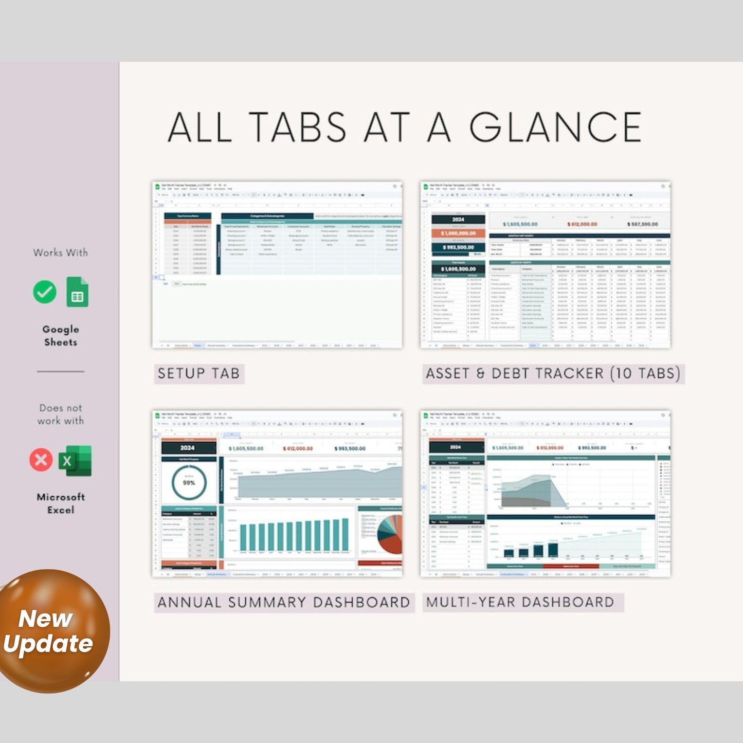 Net Worth Tracker Template | 10-Year Multi-Year Dashboard | Google Sheets Financial Planner | Investment & Net Worth Calculator