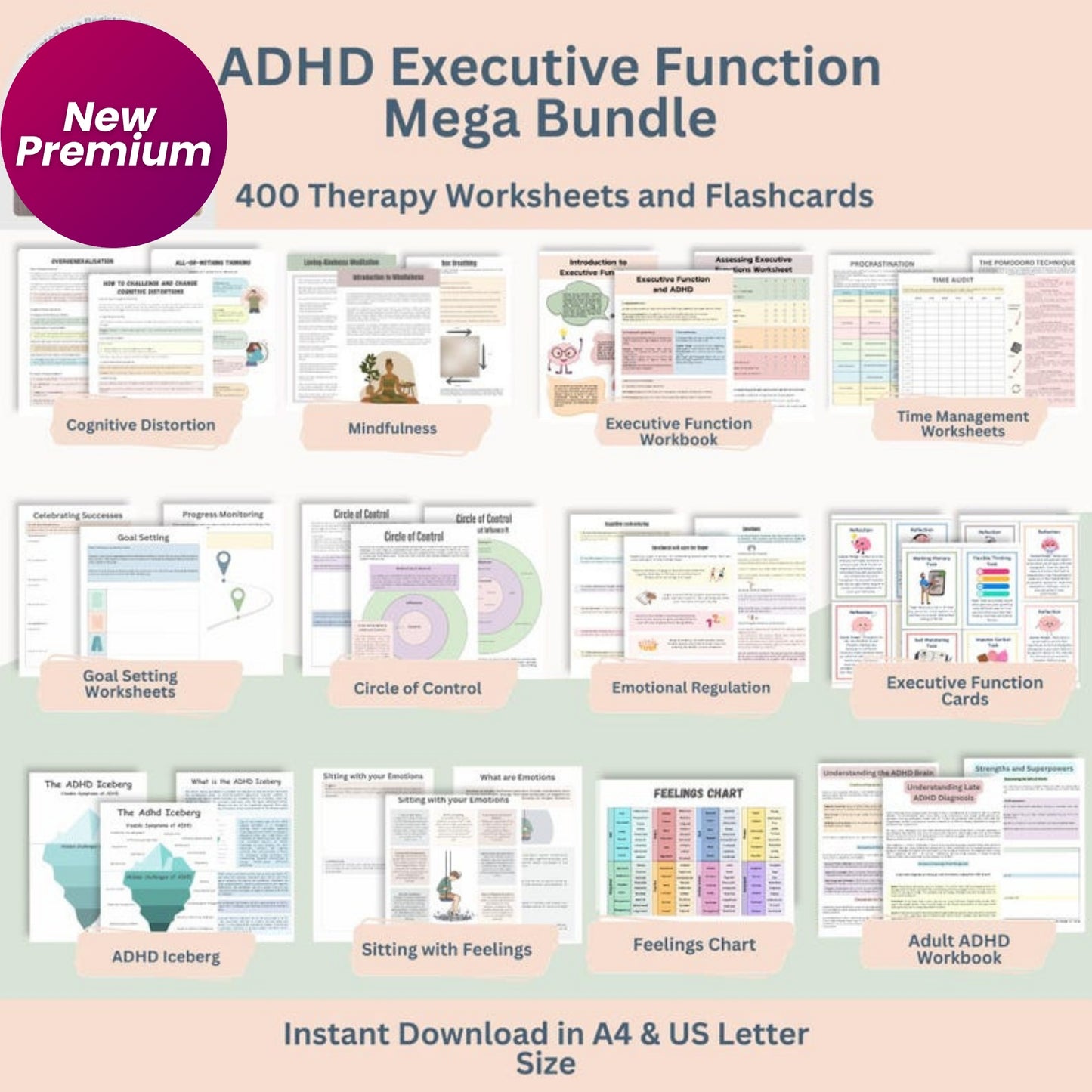 ADHD Executive Functioning Bundle | 400+ Pages Therapy Worksheets & 120 Cards | Coping Skills, Time Management, Emotional Regulation | Teens & Adults
