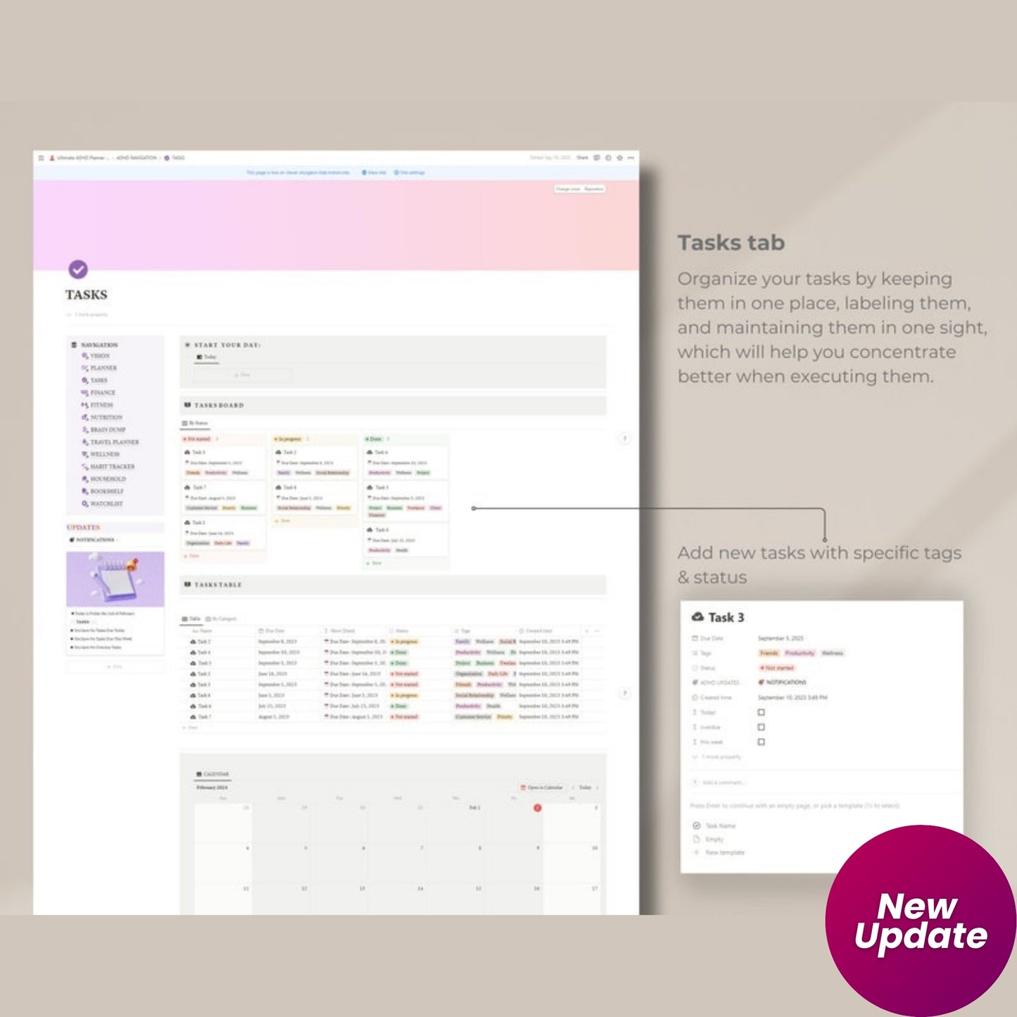 ADHD Notion Planner Template | Digital ADHD Life Planner for Adults | Focus, Self Care & Productivity Dashboard | Editable ADHD Planner for Notion