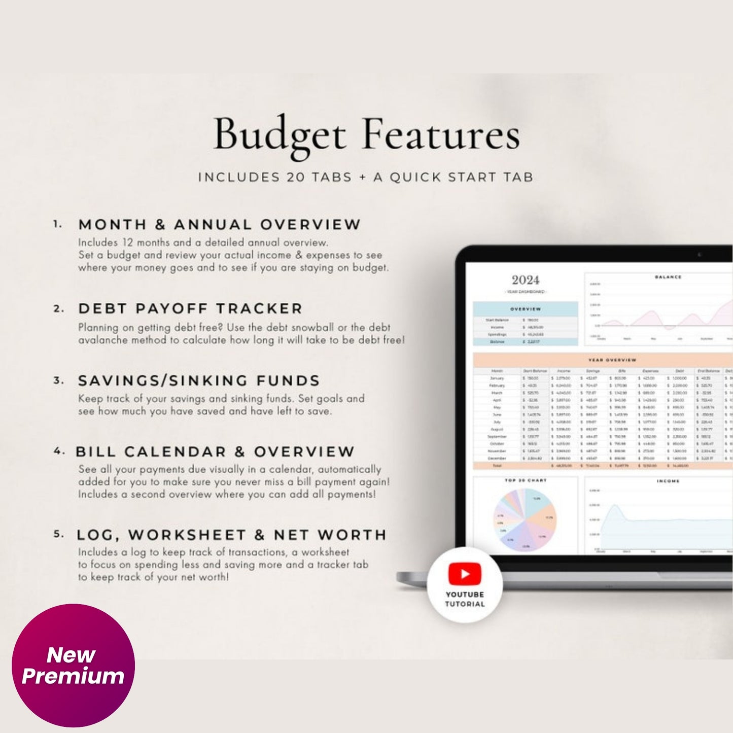 Annual Budget Spreadsheet | Google Sheets Budget Template | Monthly & Yearly Budget Planner | Bill Calendar | Sinking Funds & Debt Tracker