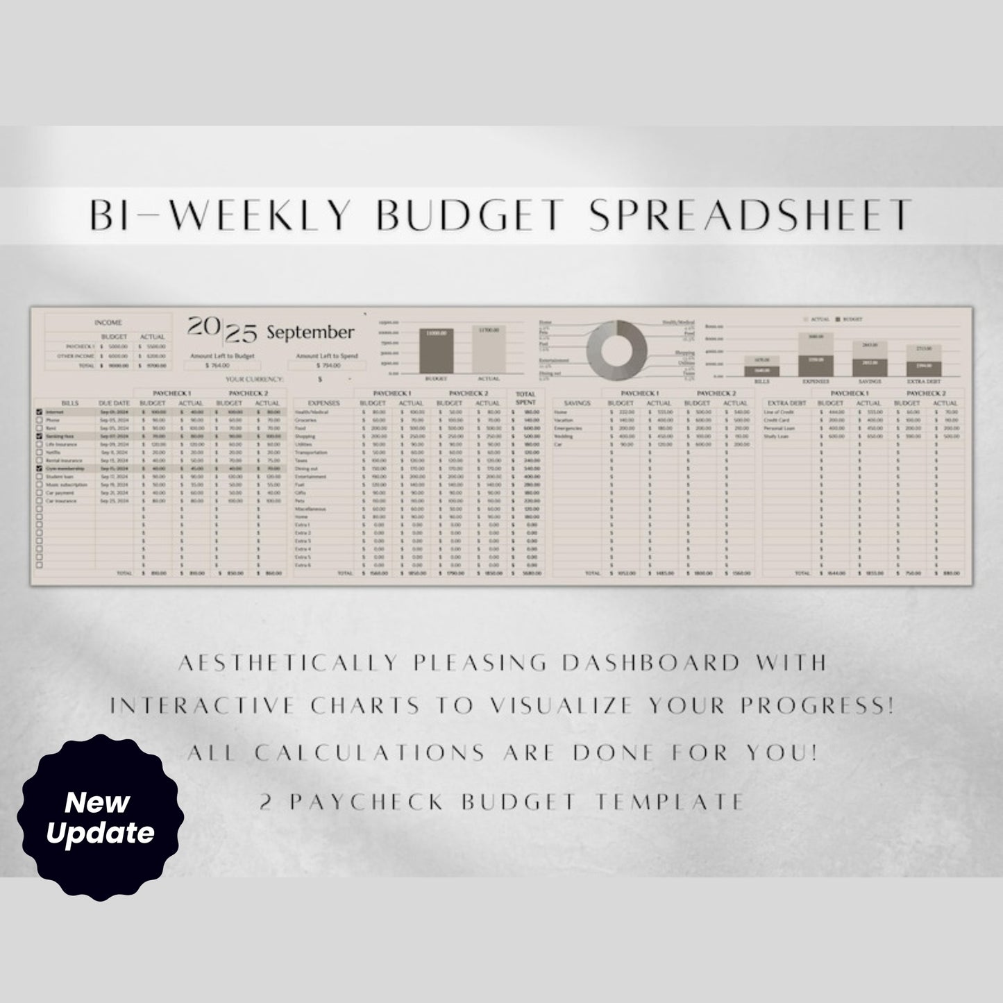 Paycheck Budget Spreadsheet | Biweekly & Weekly Budget Template | Google Sheets Budget Planner | Bill Tracker 2024-2025