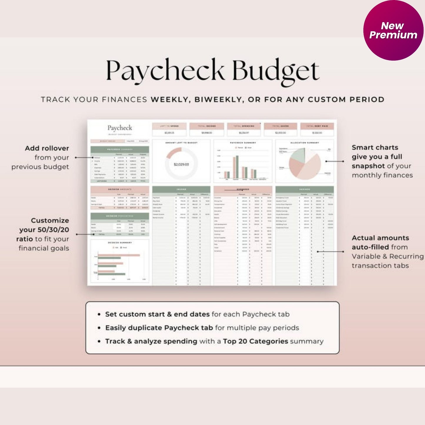 Ultimate Annual Budget Spreadsheet | Google Sheets Budget Template | Monthly Budget, Paycheck Tracker, Bill Calendar & 50/30/20 Planner