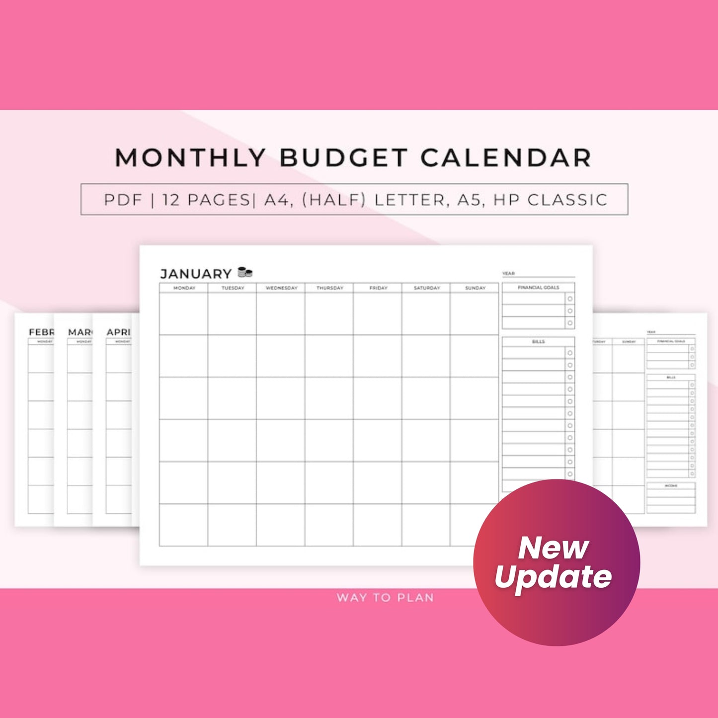 Monthly Budget Calendar Printable | Personal Finance & Bill Payment Organizer | Financial Goals & Budget Planner PDF Insert