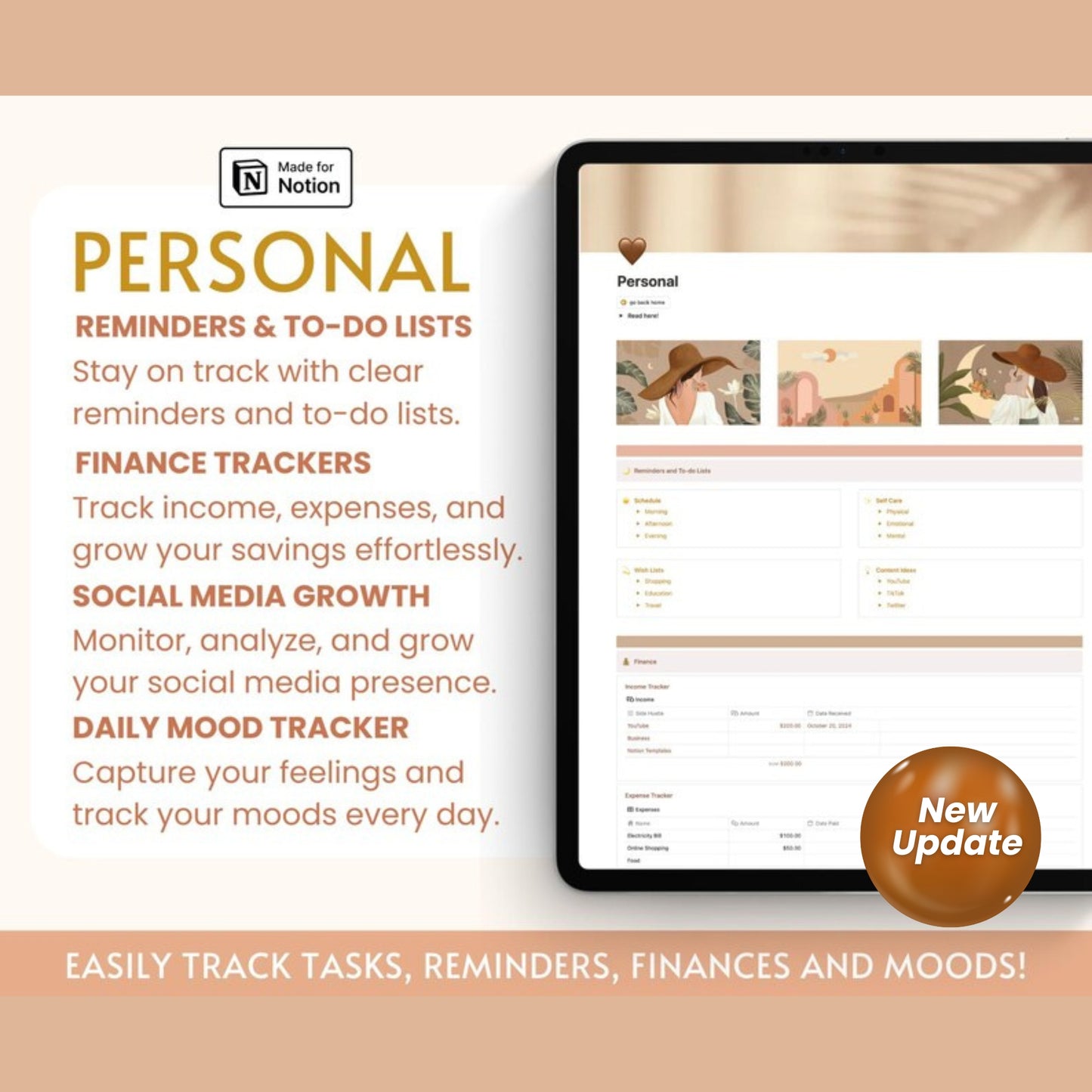 Notion Template All-in-One Life Planner | Aesthetic Notion Dashboard | Simple Notion ADHD Planner for Daily Tasks and Goals