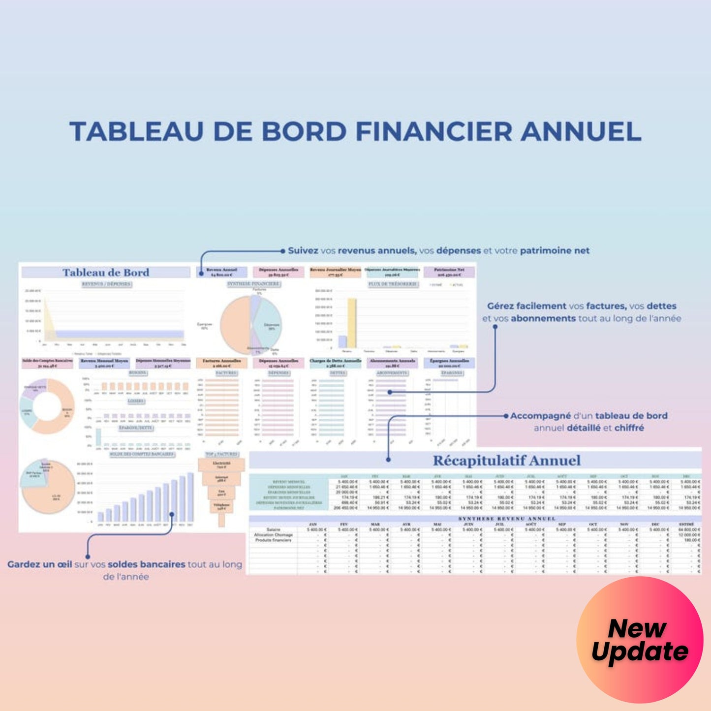 Annual Budget Spreadsheet in French – Google Sheets & Excel | Monthly, Biweekly, Debt, Bills, Investment, Net Worth Tracker | 50/30/20 Budget Planner
