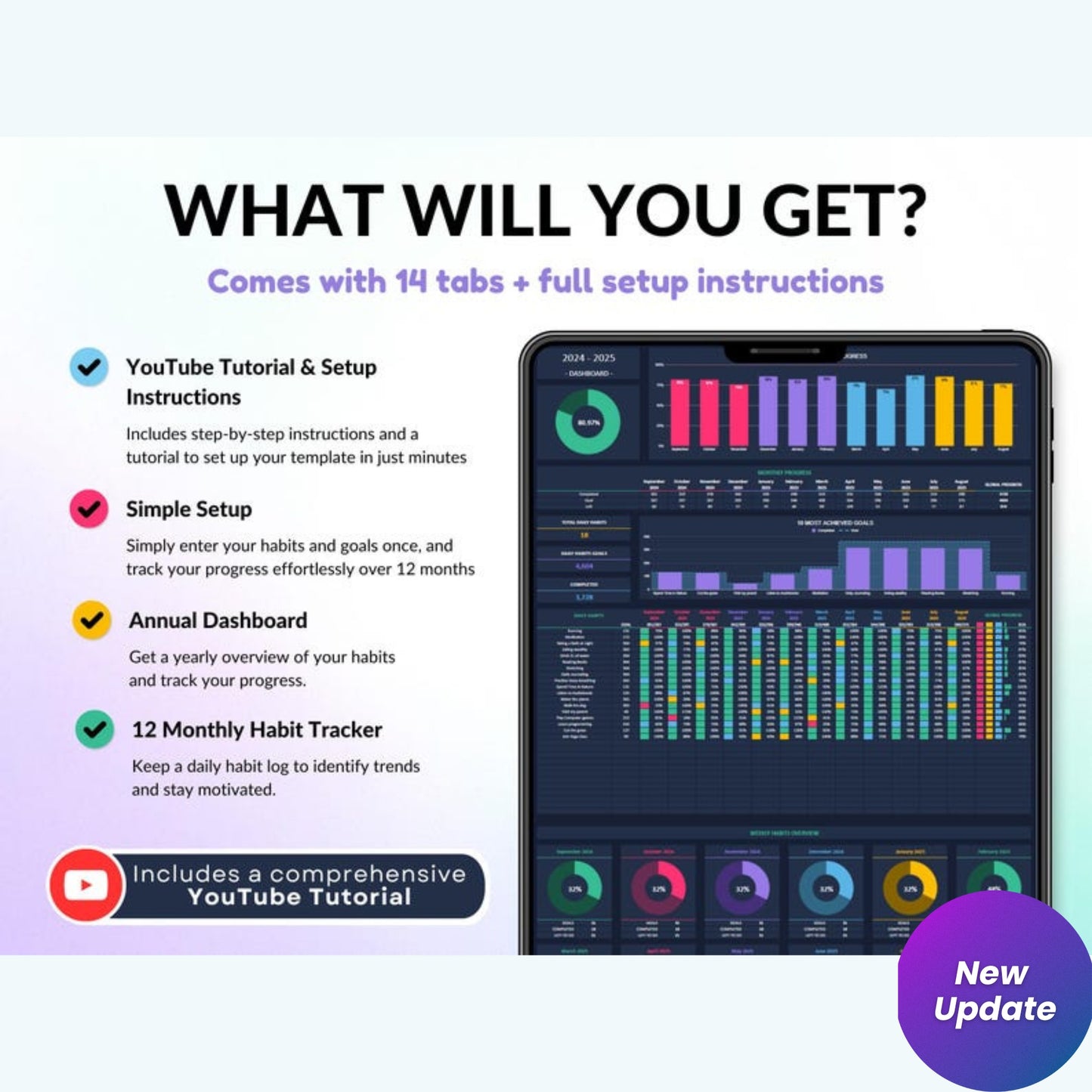 Yearly Habit Tracker Spreadsheet – Google Sheets & Excel | Daily & Weekly ADHD Routine Planner | Dark Mode Annual Goal Tracker