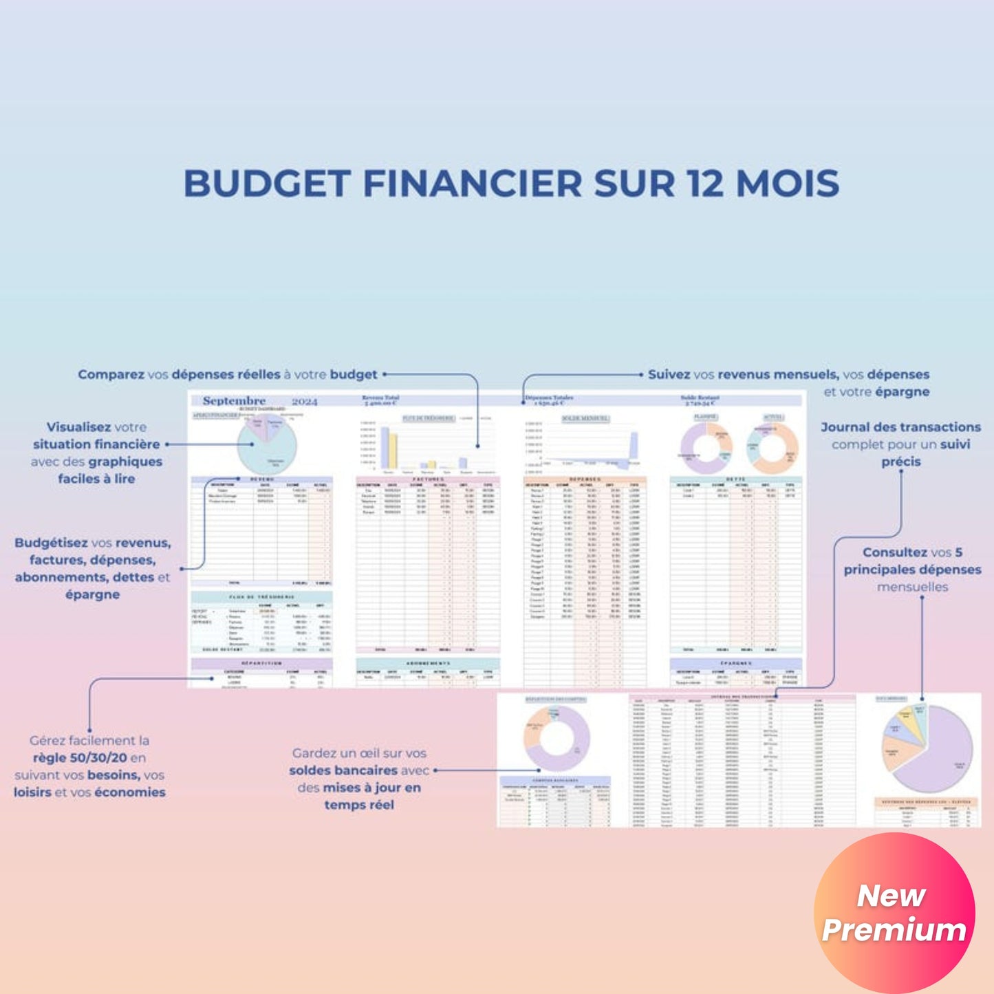 Annual Budget Spreadsheet (French) – Google Sheets & Excel | Monthly, Biweekly, 50/30/20 Budget Planner, Bills, Debt, Net Worth, Investment Tracker