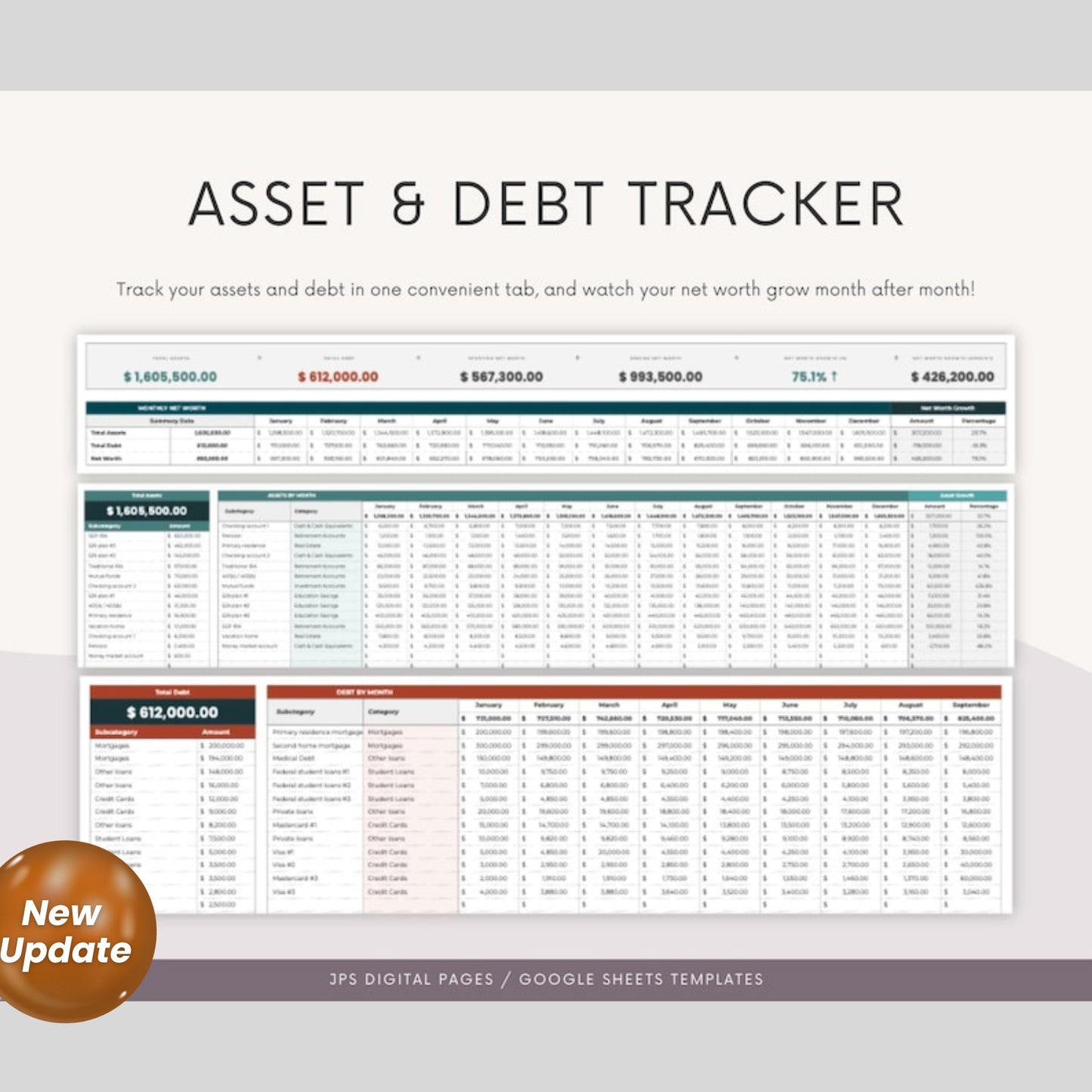 Net Worth Tracker Template | 10-Year Multi-Year Dashboard | Google Sheets Financial Planner | Investment & Net Worth Calculator