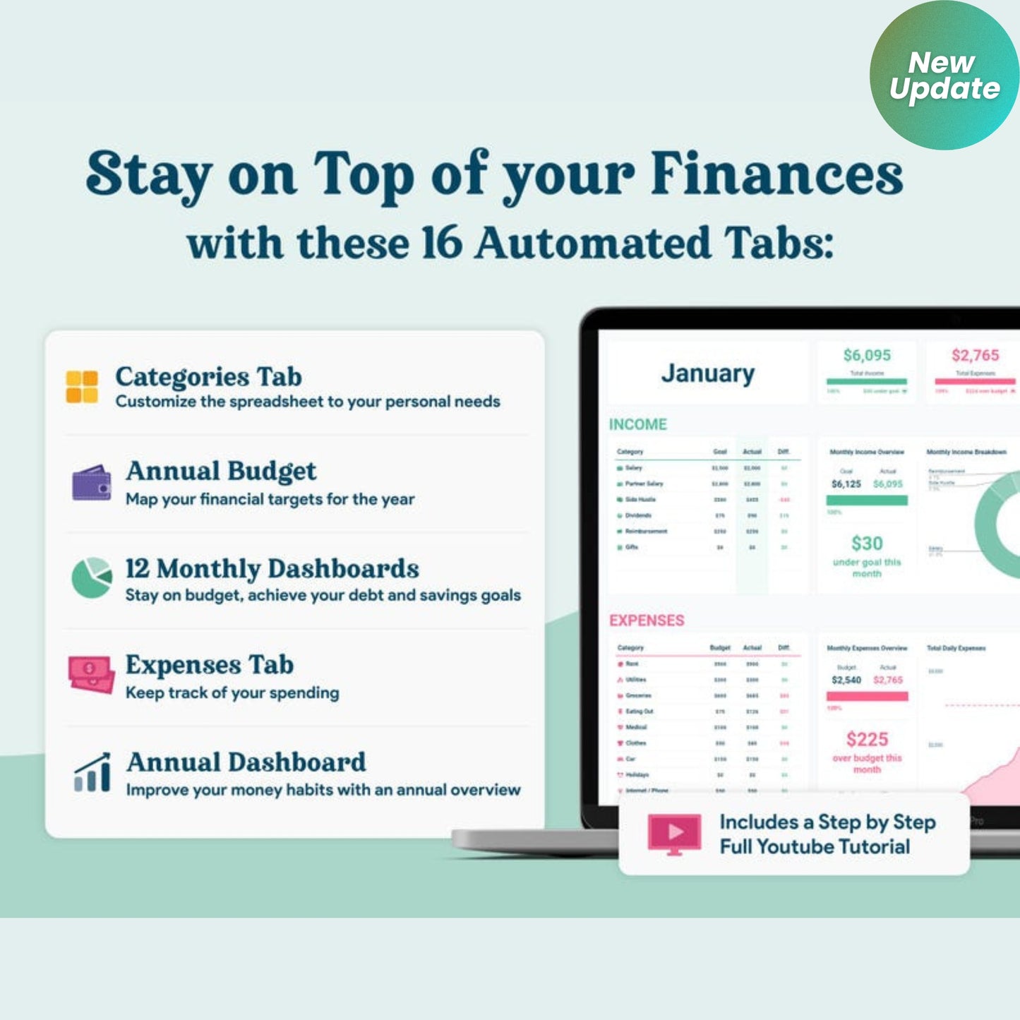 Beginner Monthly & Yearly Budget Spreadsheet | Google Sheets Budget Template | Simple Personal Finance Tracker | Light Mode