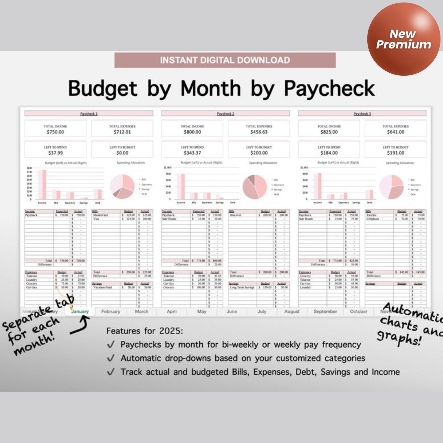 Annual Budget Google Sheets & Excel Spreadsheet | Monthly, Weekly, Biweekly Paycheck Budget Planner, Debt Tracker, Budgeting Bundle