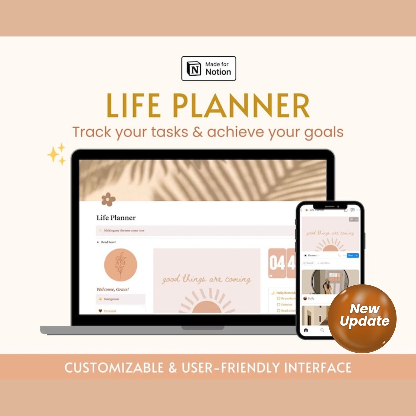 Notion Template All-in-One Life Planner | Aesthetic Notion Dashboard | Simple Notion ADHD Planner for Daily Tasks and Goals