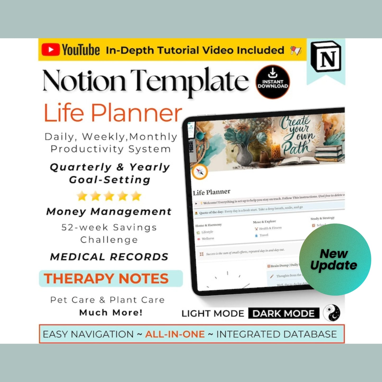 All-in-One Notion Life Planner Template | 2025 Notion Dashboard | Second Brain | Daily, Weekly, Financial, ADHD & Wellness Planner