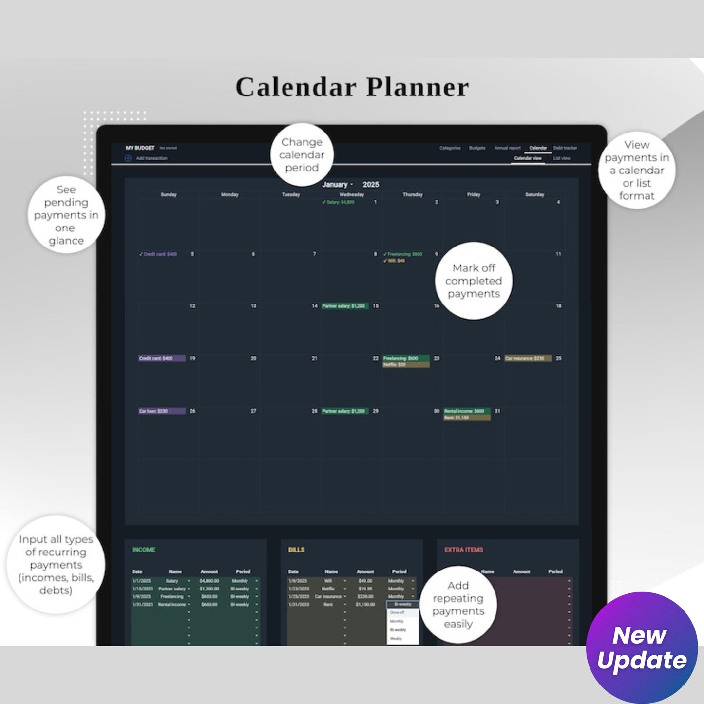 Annual & Monthly Budget Planner | Google Sheets Spreadsheet | Personal Finance Tracker | Bills, Savings & Debt Payoff Tool | Digital Template (Dark Mode)