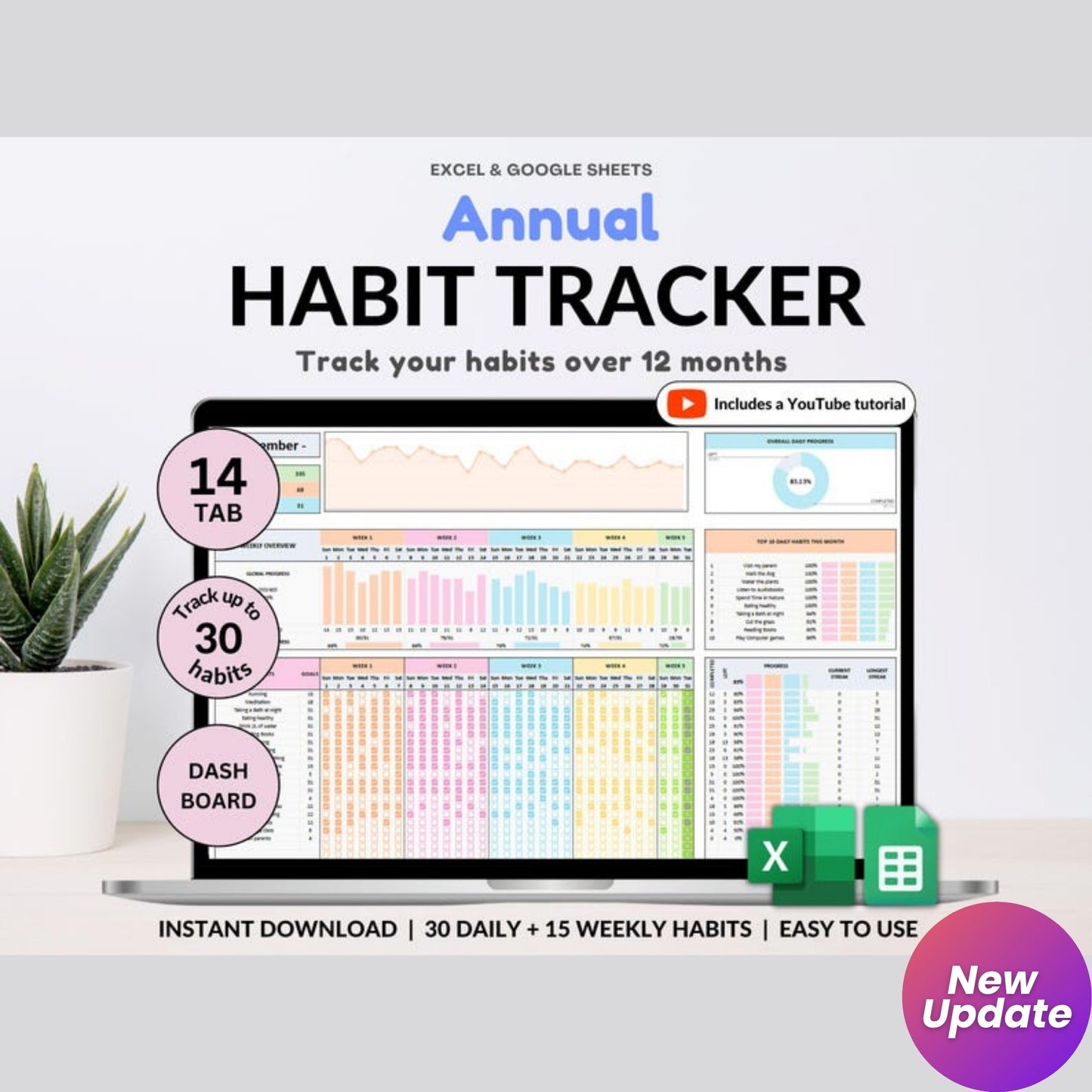 Yearly Habit Tracker Spreadsheet | Google Sheets & Excel | Daily Habit Planner | Weekly Goal Tracker | Routine Organizer | ADHD Habit Tracker | Annual Habit Planner