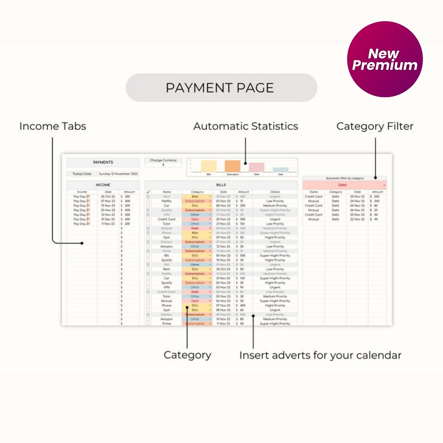 Bill Tracker Google Sheets | Monthly Calendar | Weekly Budget Spreadsheet | Financial Planner | Invoice Template | To Do List