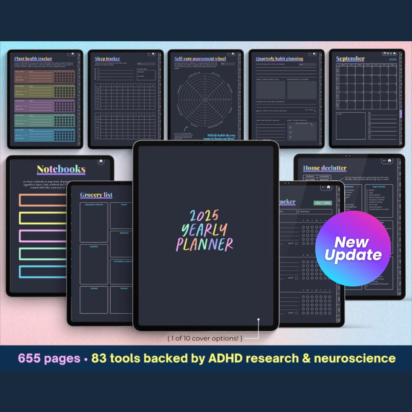 ADHD Digital Planner 2025 for iPad, Android & Goodnotes – Dark Rainbow Theme | Daily Planner, Habit Tracker & Self-Care Tools
