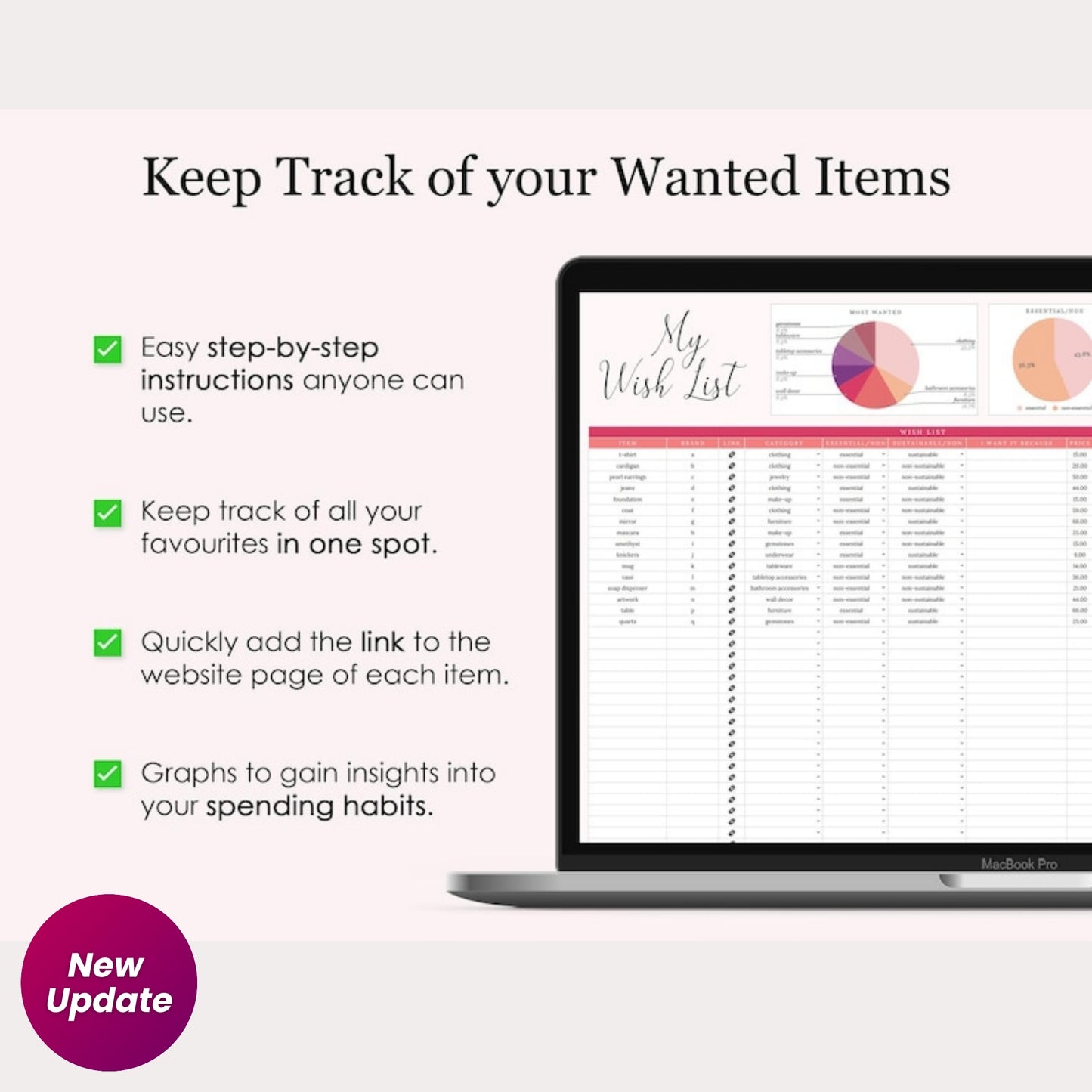 Wishlist and Conscious Purchase Tracker | Aesthetic Google Sheets & Excel Template | Shopping List & Expense Dashboard