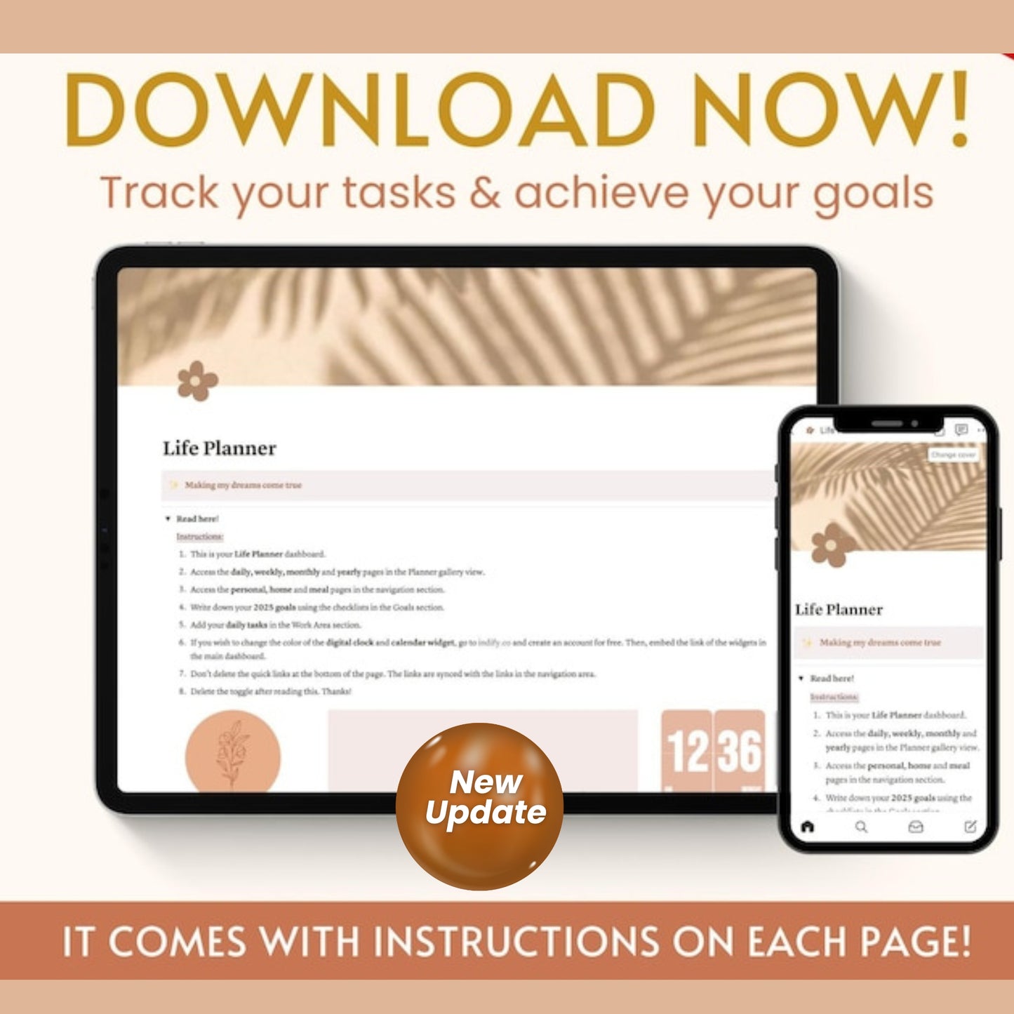 Notion Template All-in-One Life Planner | Aesthetic Notion Dashboard | Simple Notion ADHD Planner for Daily Tasks and Goals