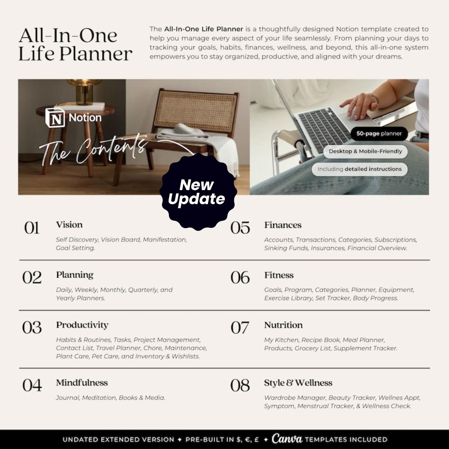 All-In-One Life Planner Notion Template (Undated) | Daily Planner, Goals, Wellness, Mindfulness, Fitness, Nutrition, Finance & More