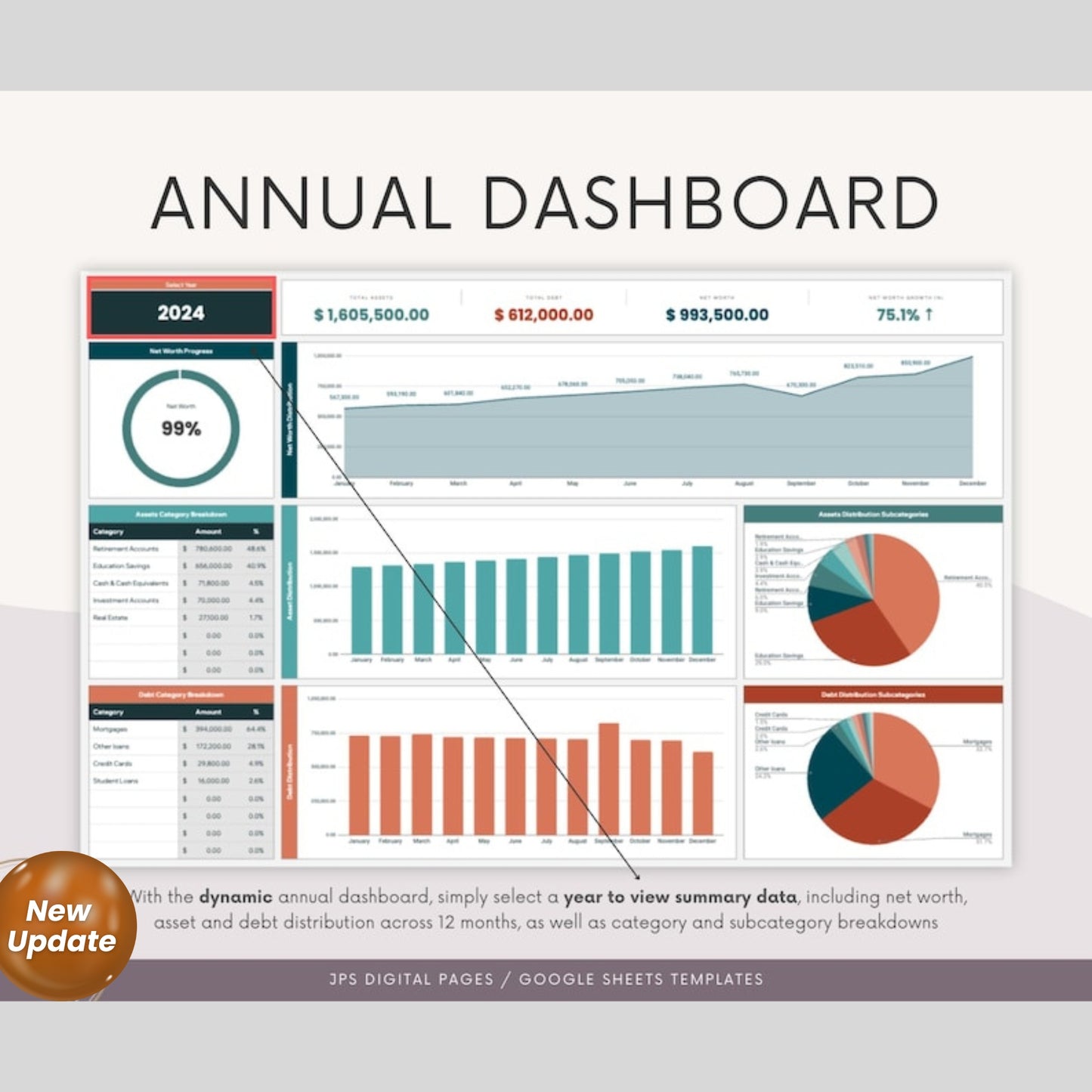 Net Worth Tracker Template | 10-Year Multi-Year Dashboard | Google Sheets Financial Planner | Investment & Net Worth Calculator