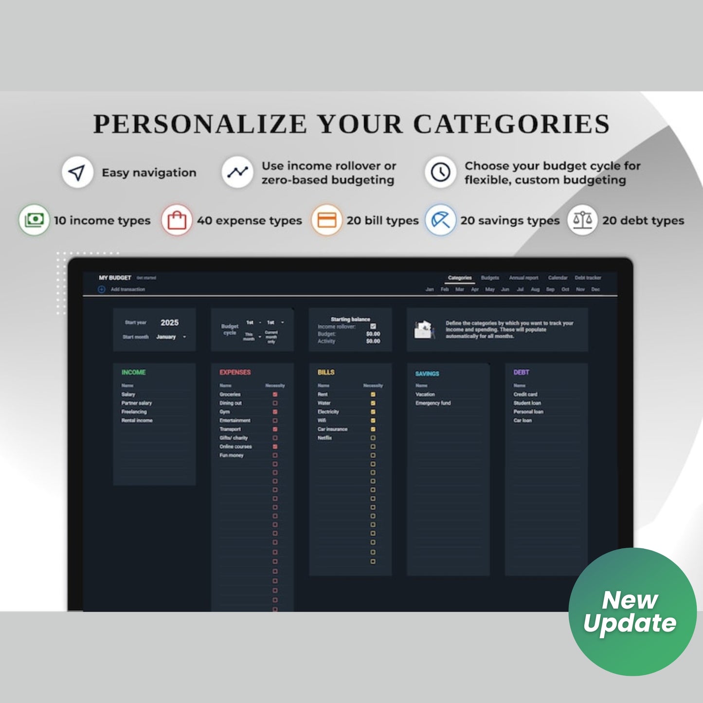 Annual & Monthly Budget Planner | Google Sheets Spreadsheet | Personal Finance Tracker | Income, Expenses, Bills, Savings, Debt Payoff | Digital Download