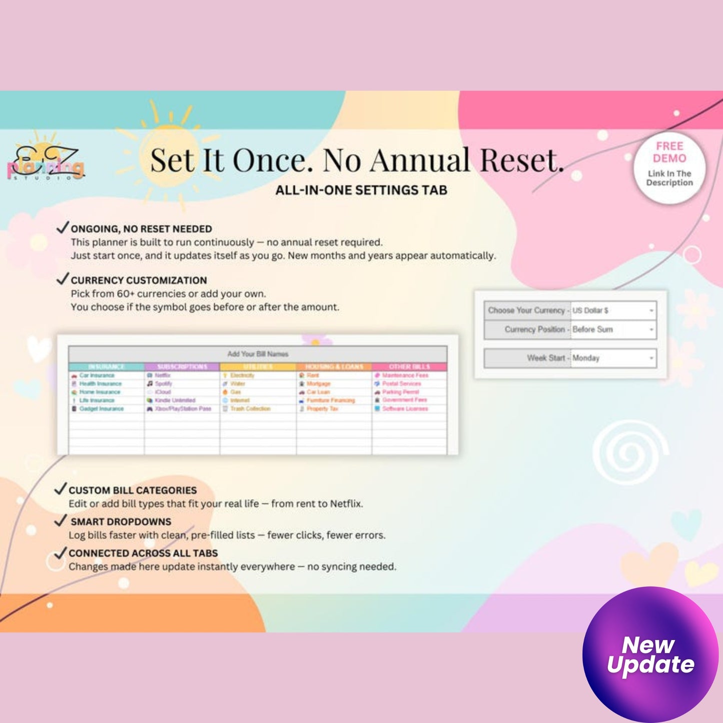 Ongoing Monthly Bill Spreadsheet – Colorful Google Sheets Budget Tracker | No Annual Reset | ADHD & Beginner Friendly