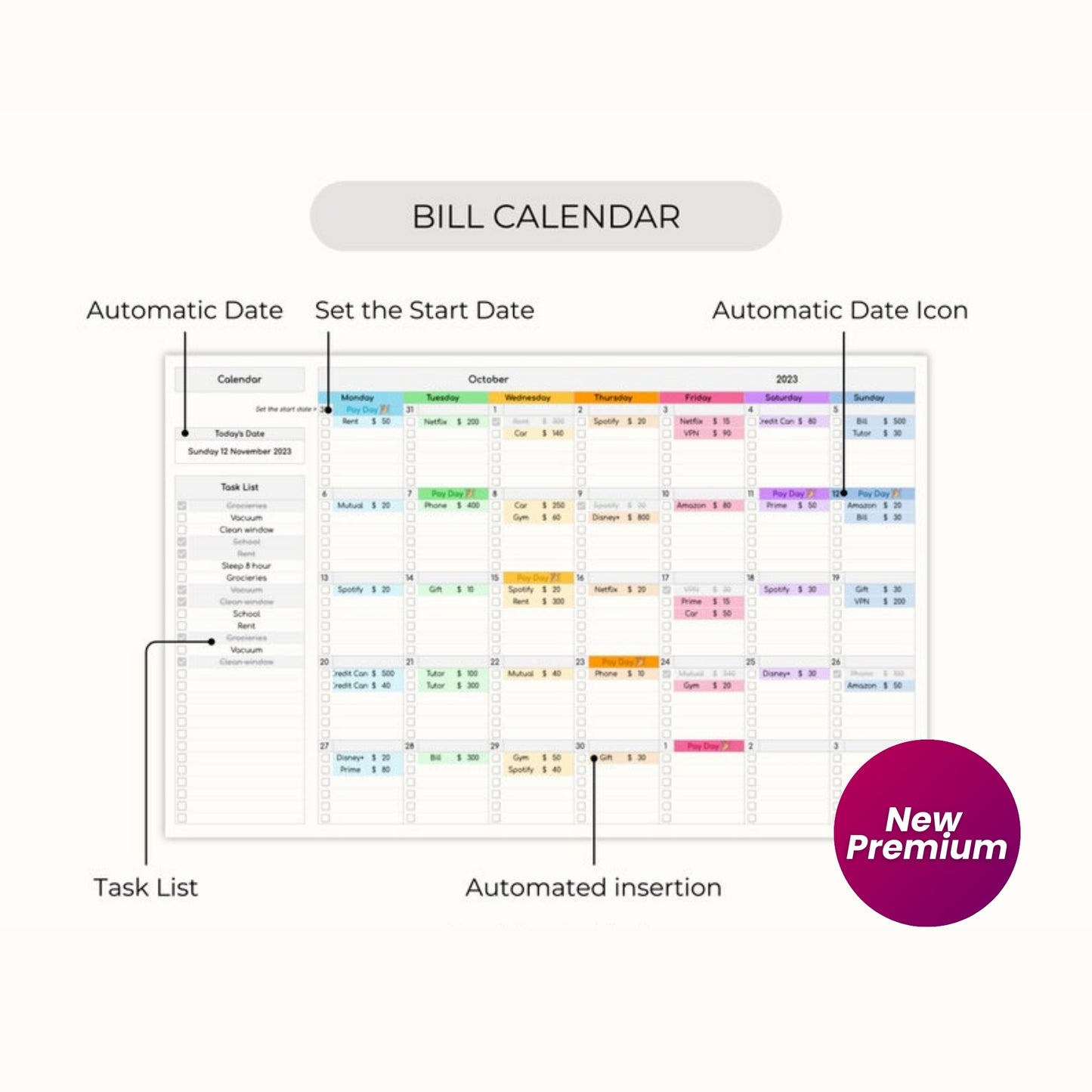 Bill Tracker Google Sheets | Monthly Calendar | Weekly Budget Spreadsheet | Financial Planner | Invoice Template | To Do List