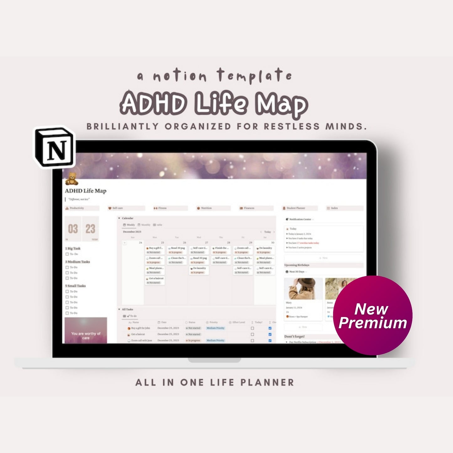 ADHD Notion Template Life Planner – Aesthetic Digital Planner to Improve Focus & Productivity