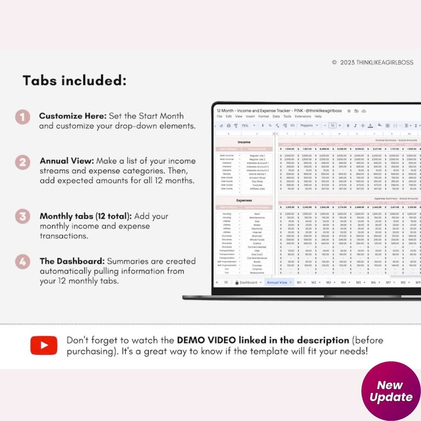 Income and Expense Tracker Spreadsheet - 12 Month Google Sheets Budget Template | Personal Finance Planner