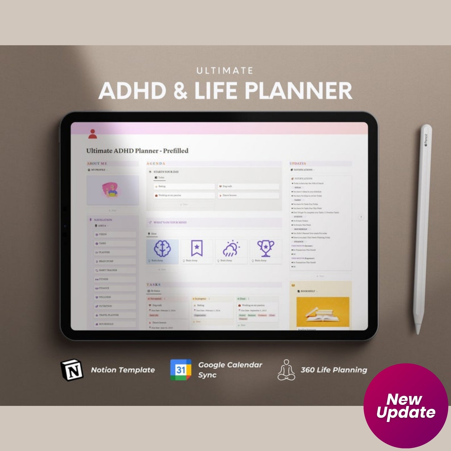 ADHD Notion Planner Template | Digital ADHD Life Planner for Adults | Focus, Self Care & Productivity Dashboard | Editable ADHD Planner for Notion