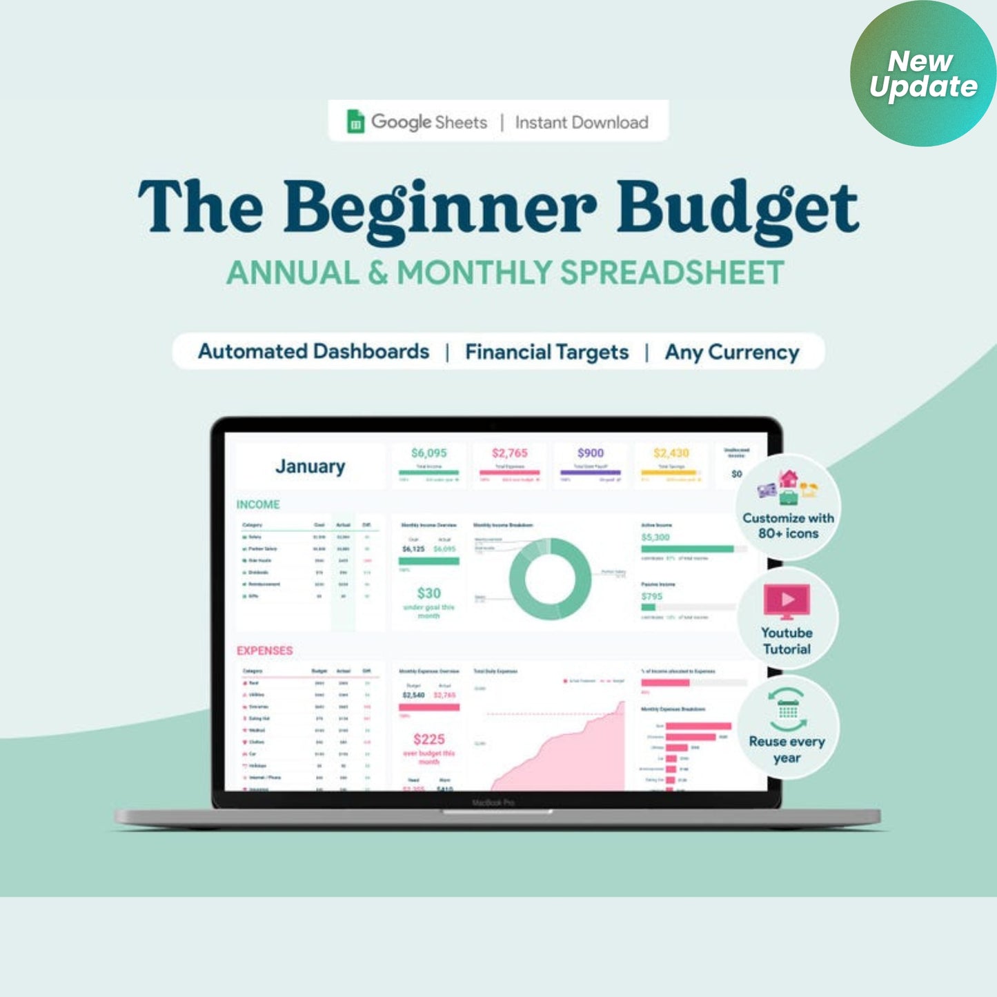 Beginner Monthly & Yearly Budget Spreadsheet | Google Sheets Budget Template | Simple Personal Finance Tracker | Light Mode