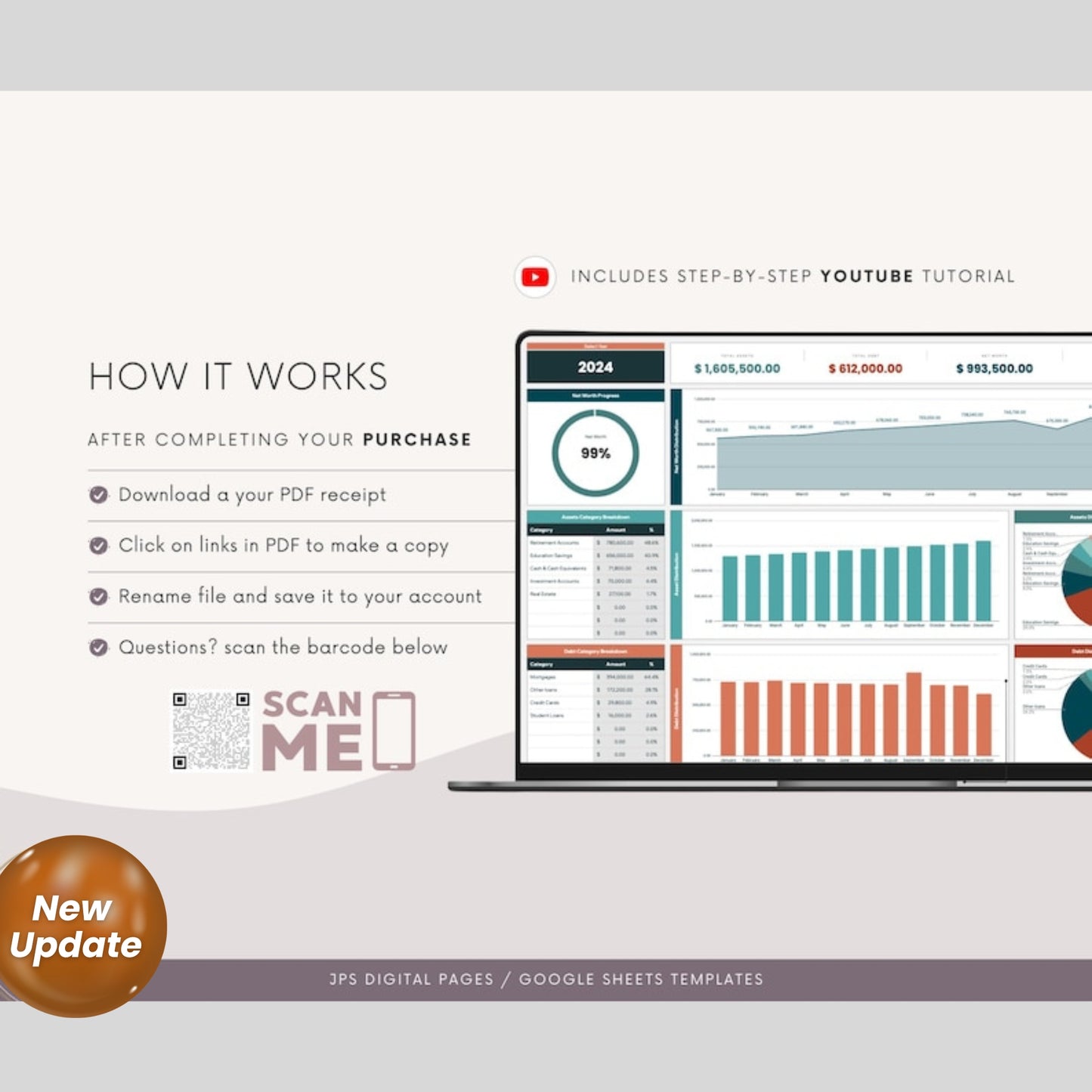 Net Worth Tracker Template | 10-Year Multi-Year Dashboard | Google Sheets Financial Planner | Investment & Net Worth Calculator