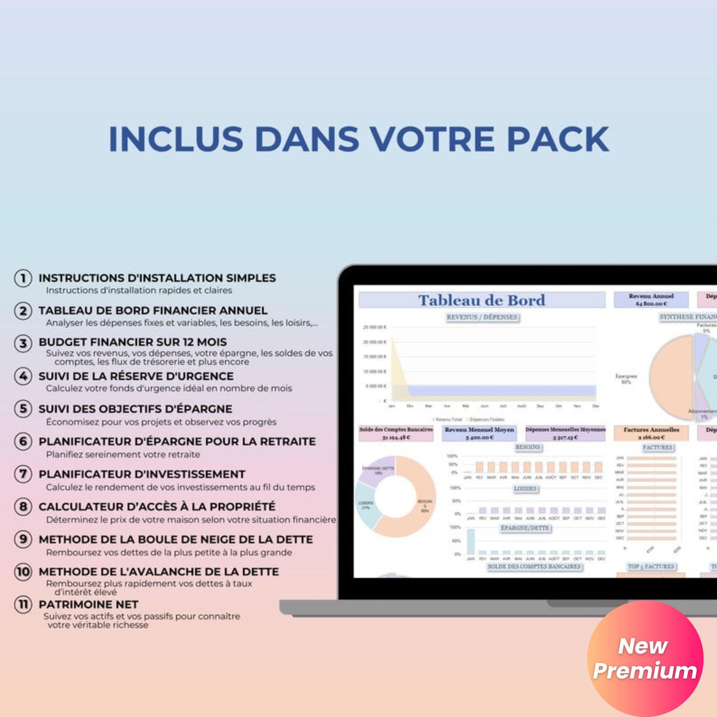 Annual Budget Spreadsheet (French) – Google Sheets & Excel | Monthly, Biweekly, 50/30/20 Budget Planner, Bills, Debt, Net Worth, Investment Tracker