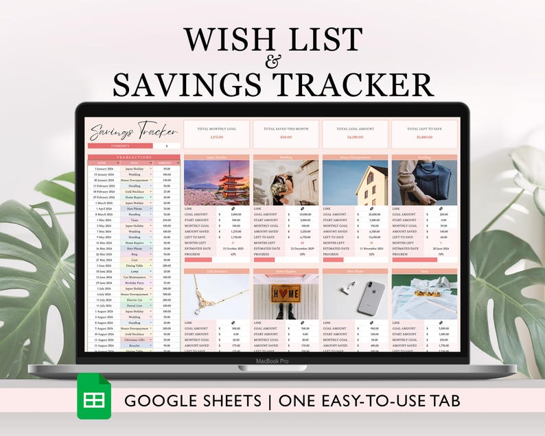 Wishlist & Sinking Funds Tracker Google Sheets Template | Aesthetic Digital Savings Planner | Vision Board Wish List for Online Shopping & Goals