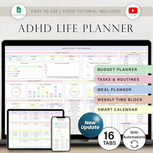 ADHD Life Planner Spreadsheet | Budget Tracker, Task List, Habit & Goal Tracker | Google Sheets Digital Calendar Template