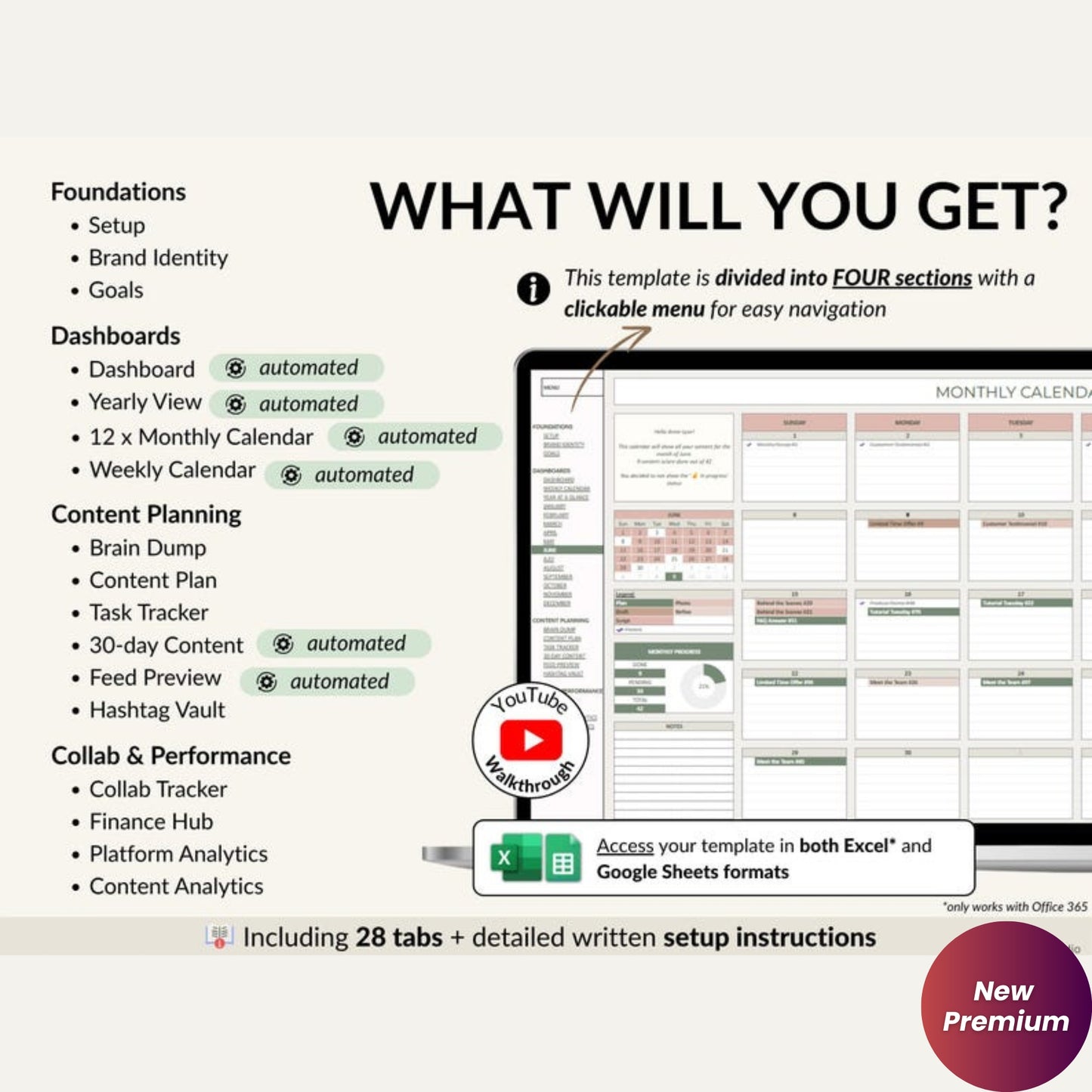 Social Media Content Planner Spreadsheet – Monthly Calendar, Content Tracker & Dashboard | Instagram, TikTok, YouTube | Google Sheets & Excel Template