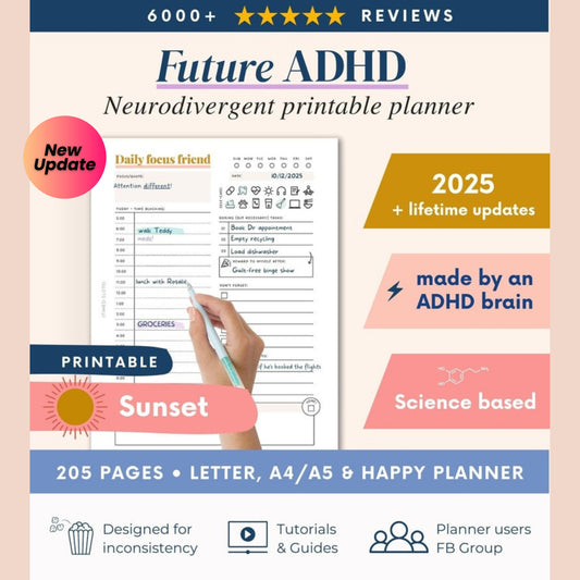 ADHD Printable Planner (Created by an ADHDer) – 205-Page Adult ADHD Daily Organizer, Self-Care & Growth Journal – 2025 & Beyond