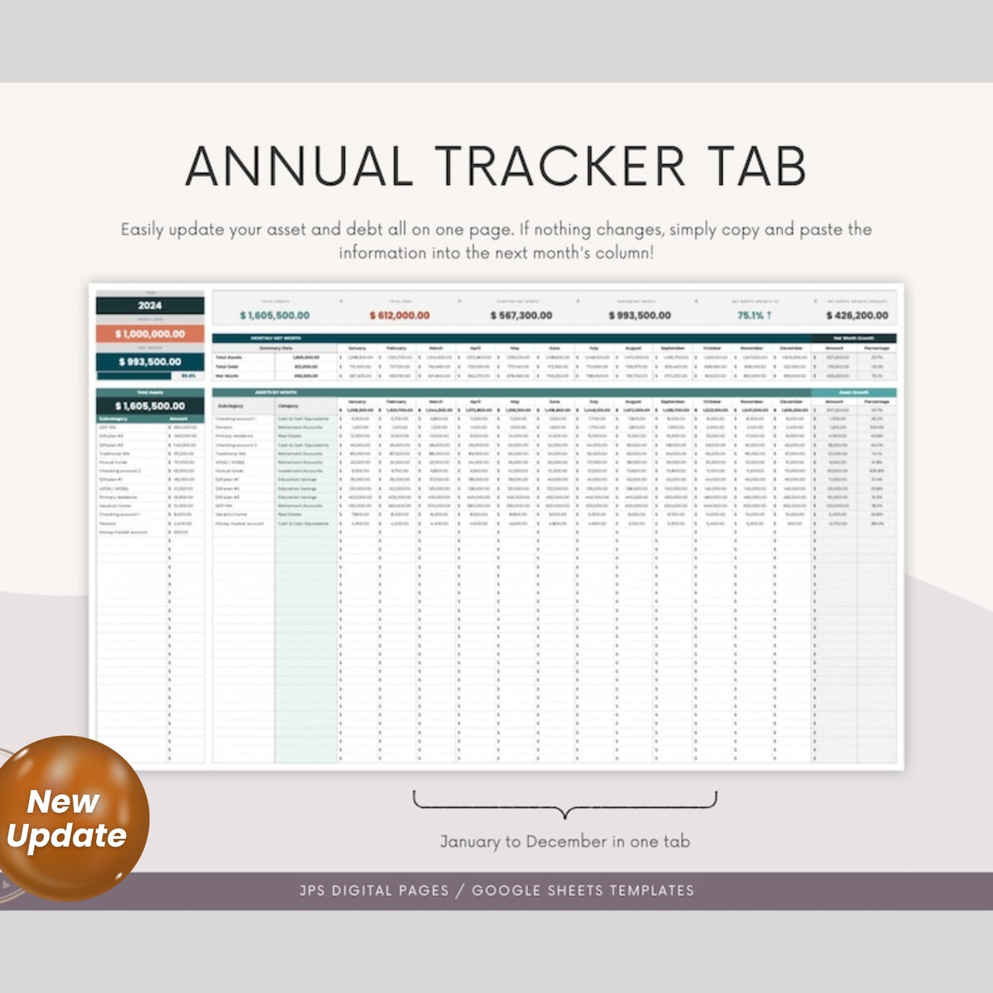 Net Worth Tracker Template | 10-Year Multi-Year Dashboard | Google Sheets Financial Planner | Investment & Net Worth Calculator